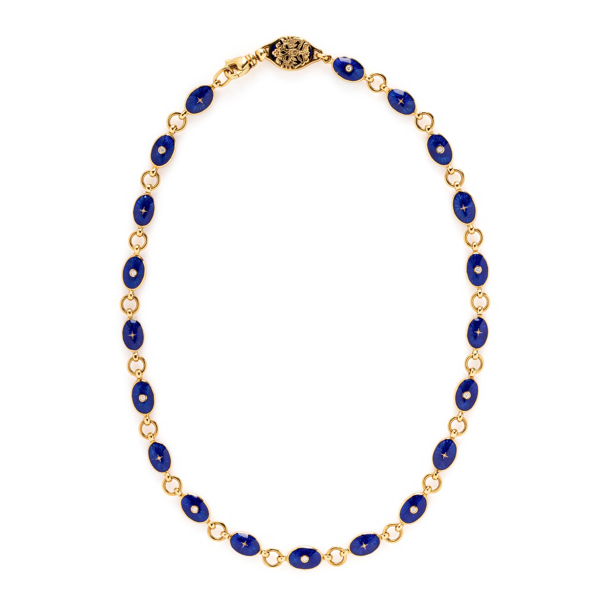 FABERGÉ, BLUE ENAMEL, DIAMOND, AND YELLOW GOLD NECKLACE