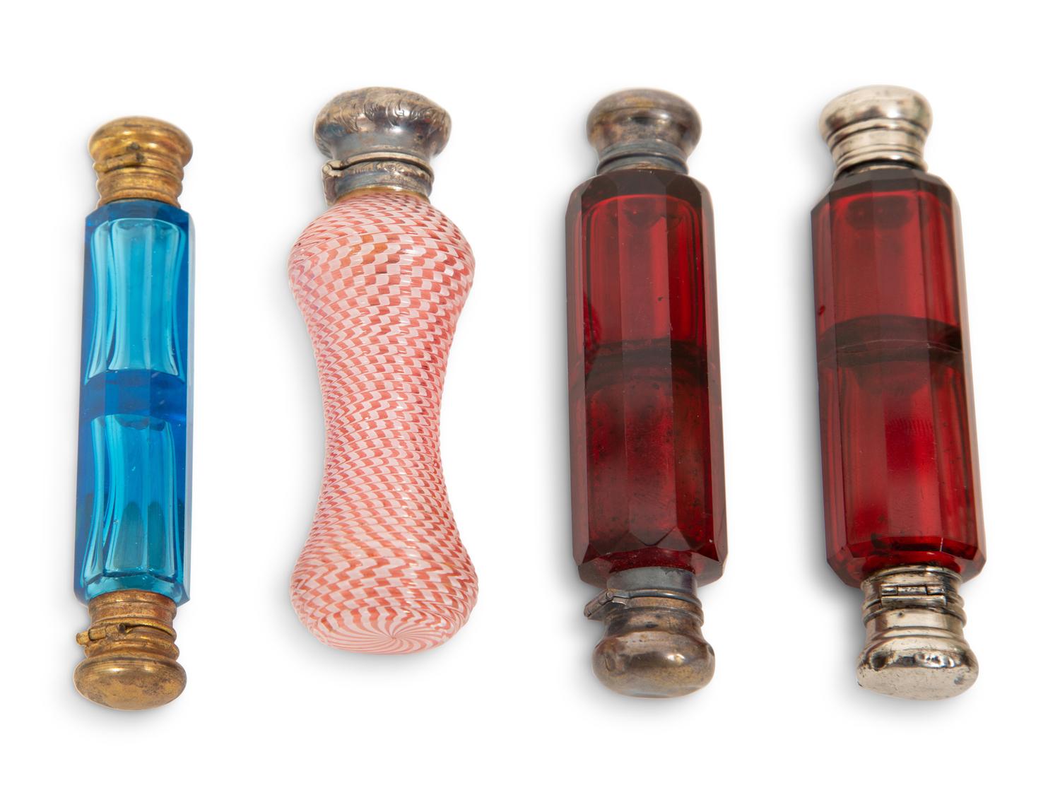 Eight English Silver or Brass-Mounted Glass Scent Bottles