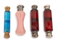 Eight English Silver or Brass-Mounted Glass Scent Bottles