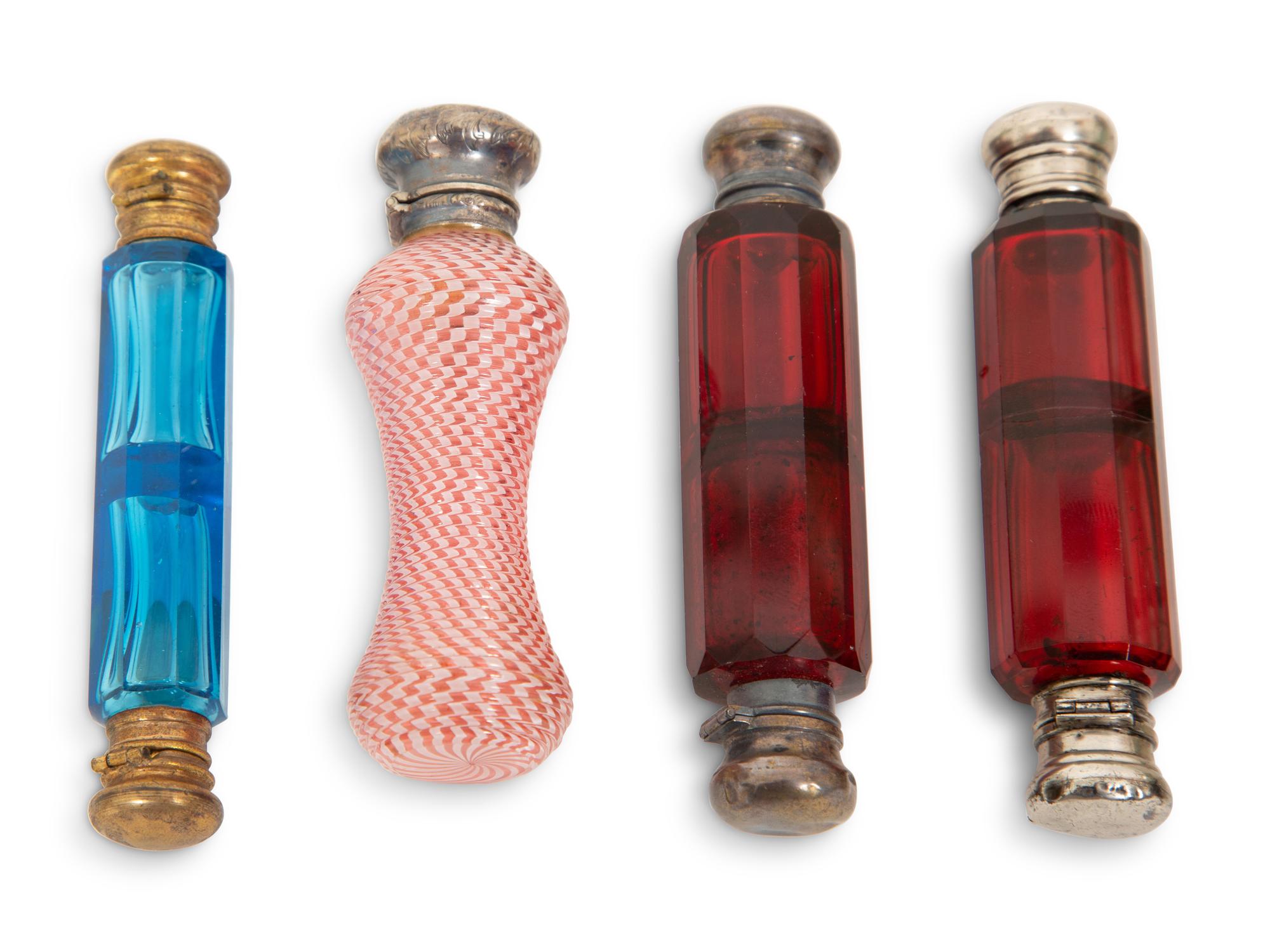 Eight English Silver or Brass-Mounted Glass Scent Bottles