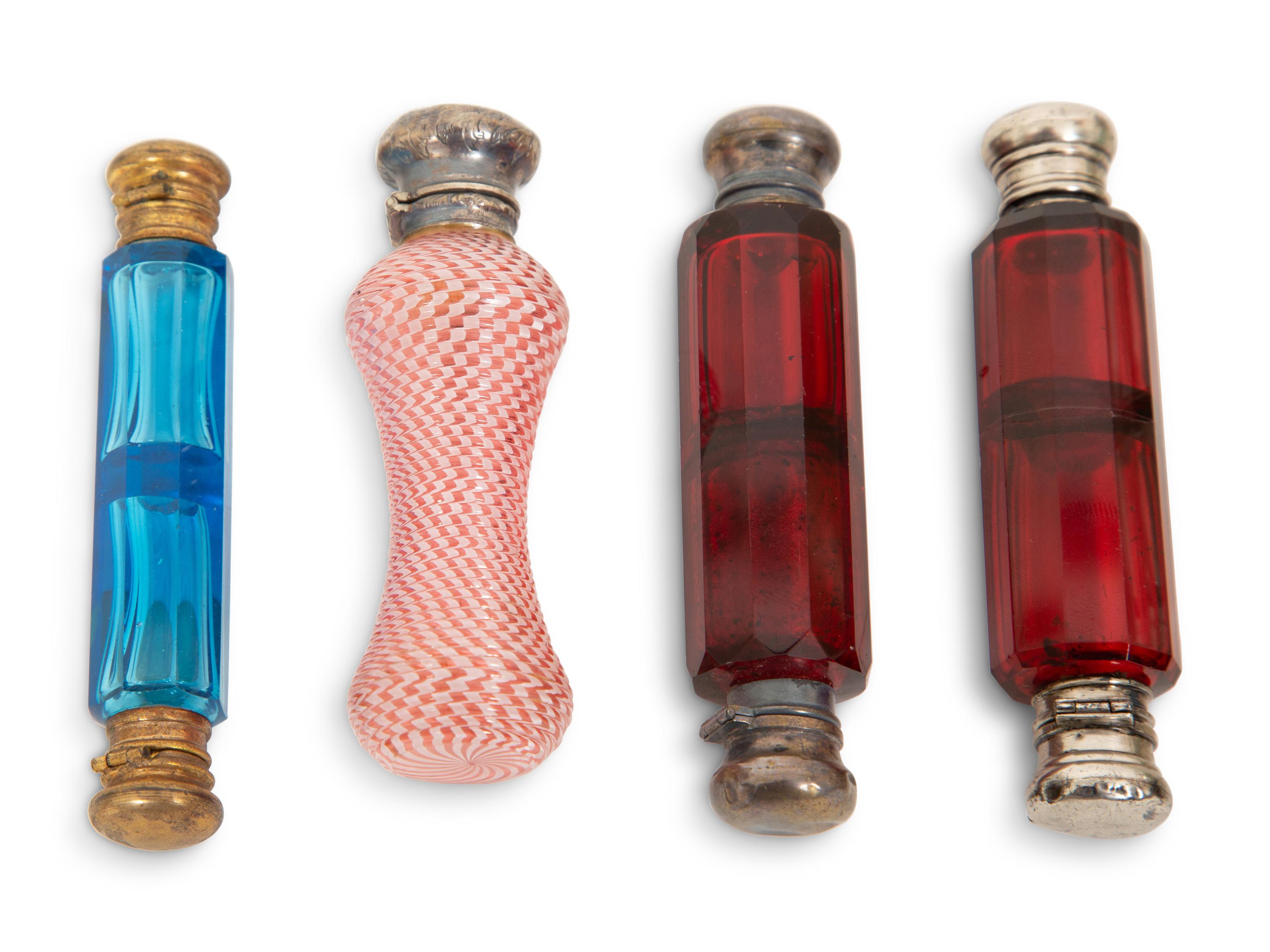 Eight English Silver or Brass-Mounted Glass Scent Bottles