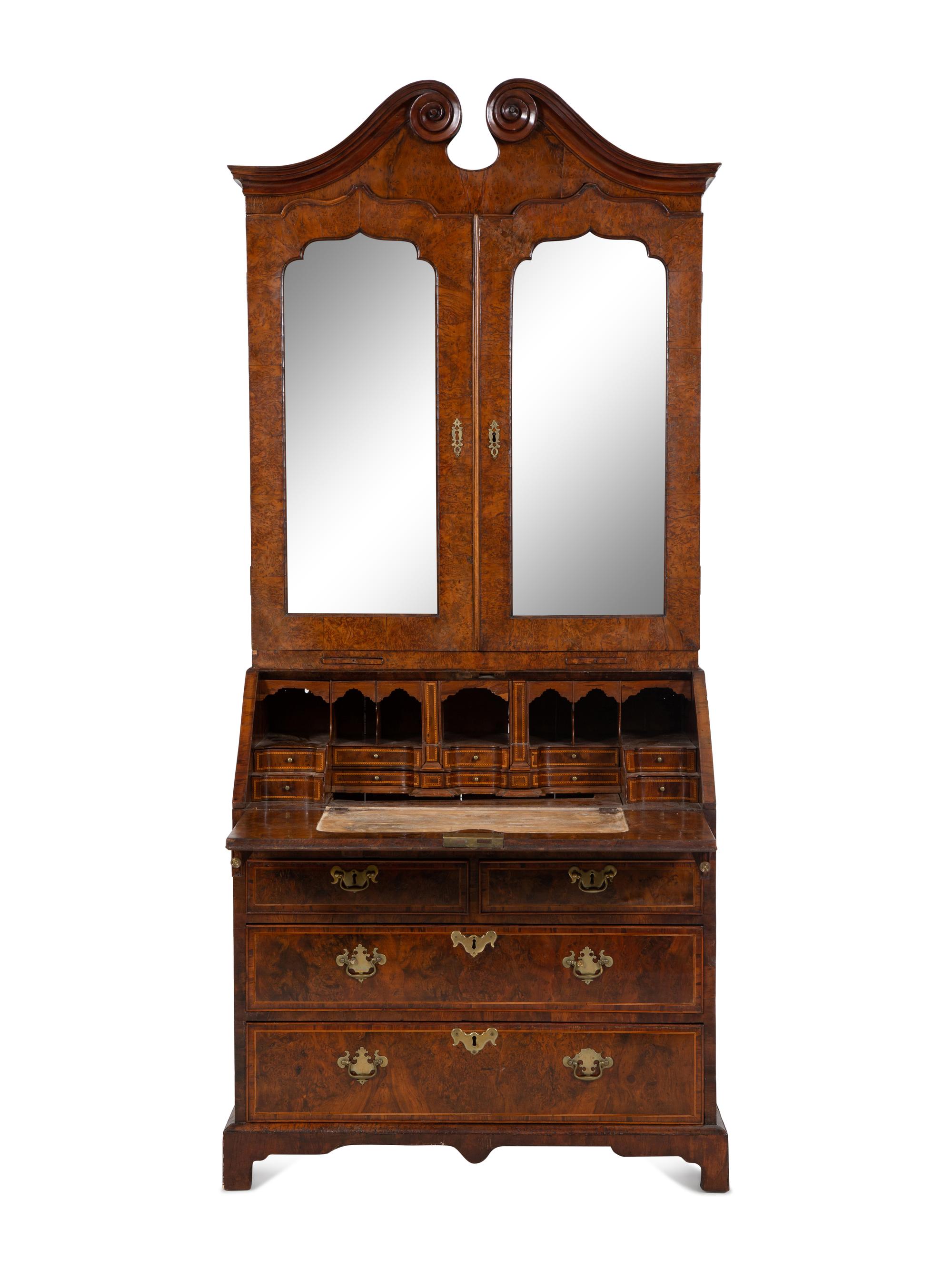 A George I Burr Yew Wood Secretary Bookcase