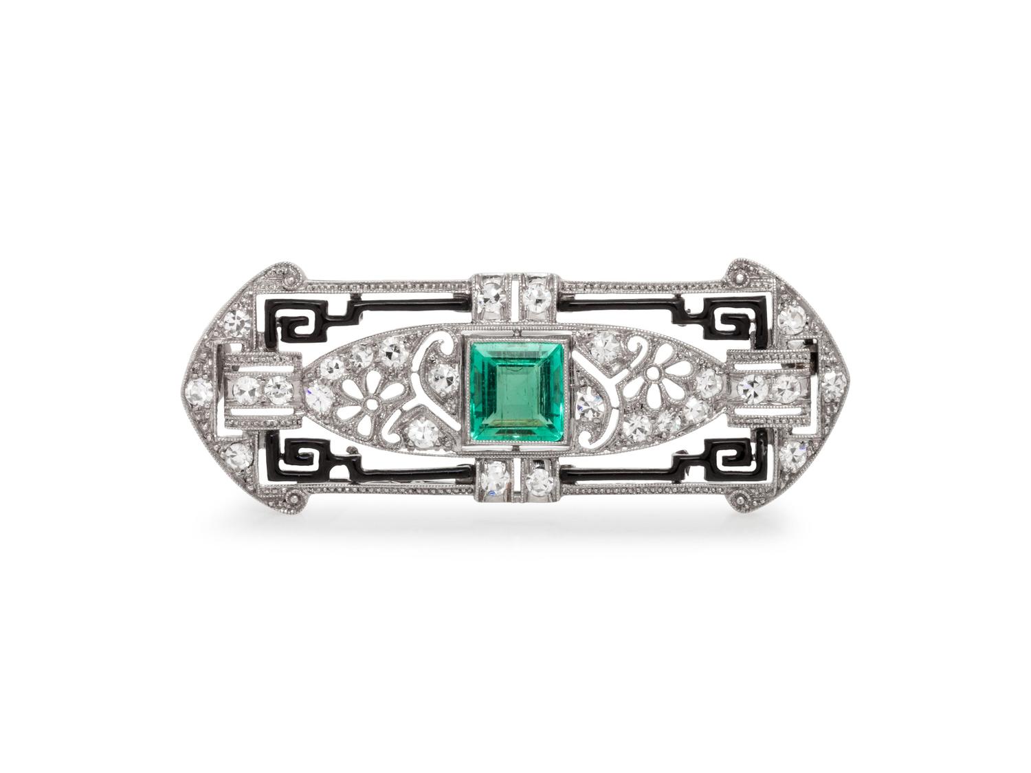 Art Deco, Emerald, Diamond and Enamel Brooch
