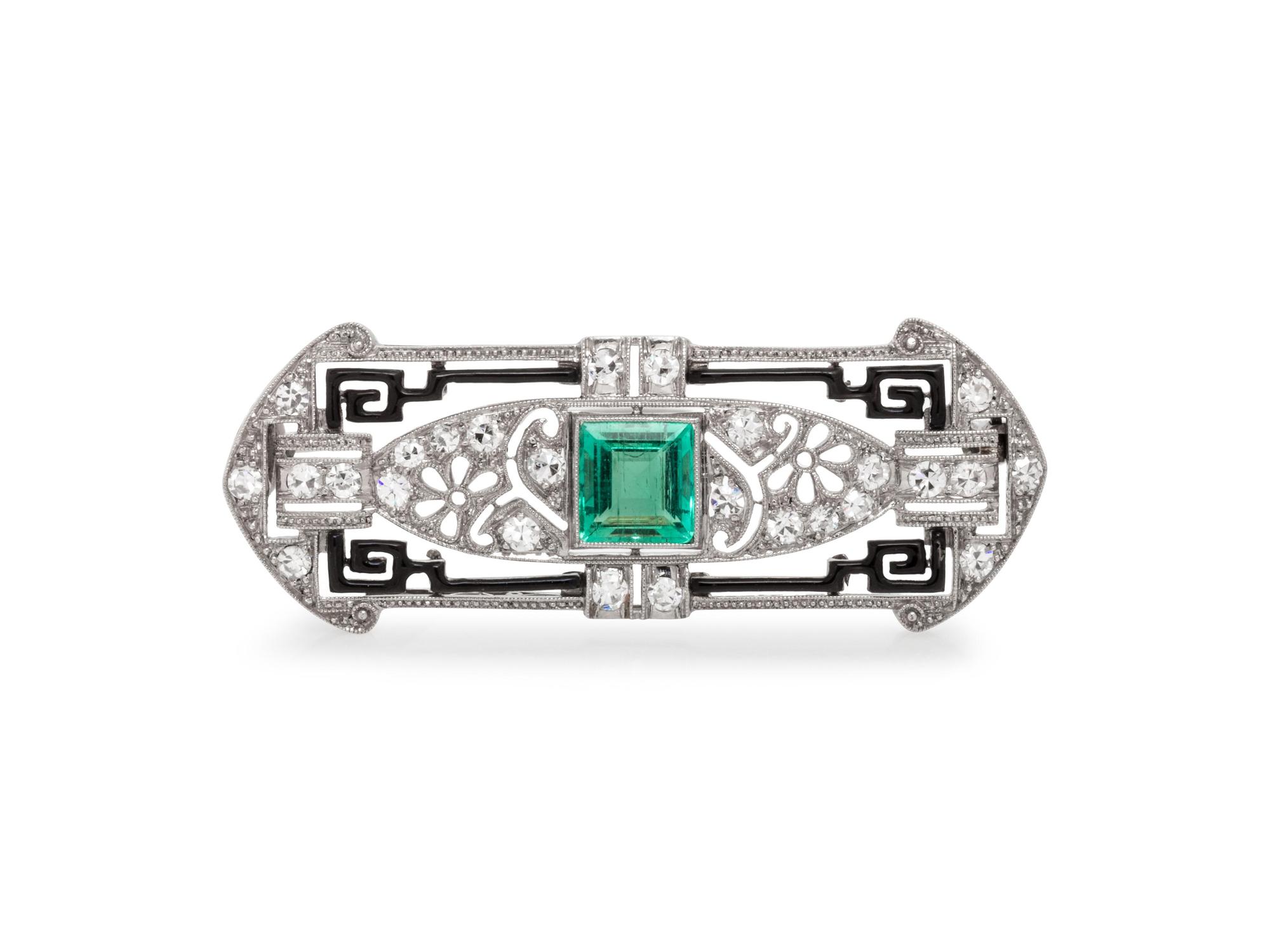 Art Deco, Emerald, Diamond and Enamel Brooch