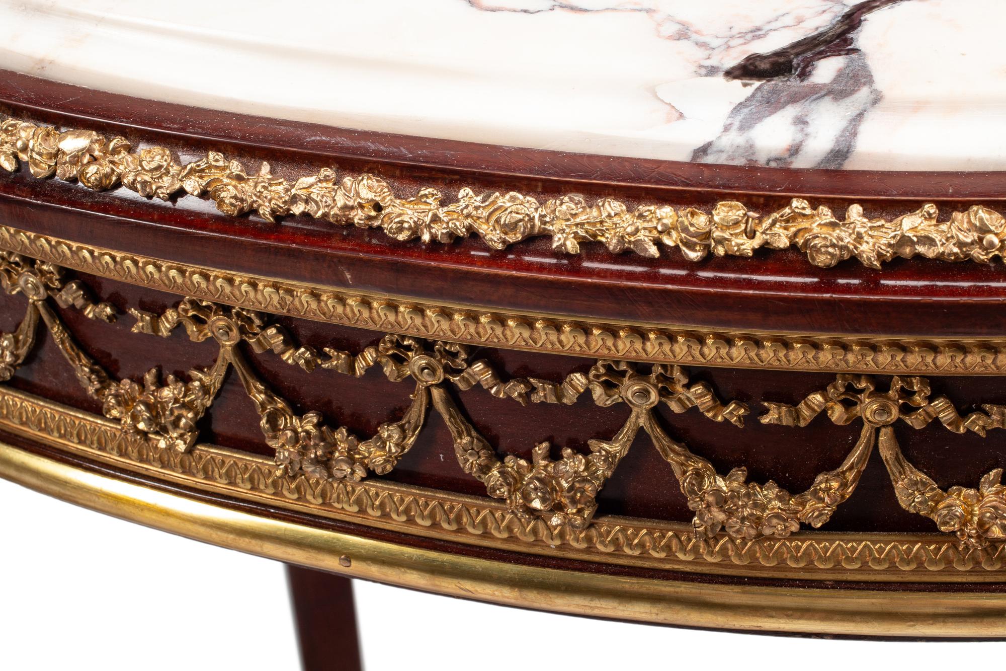 A Pair of Louis XV Style Gilt Bronze Mounted Walnut Marble-Top Side Tables