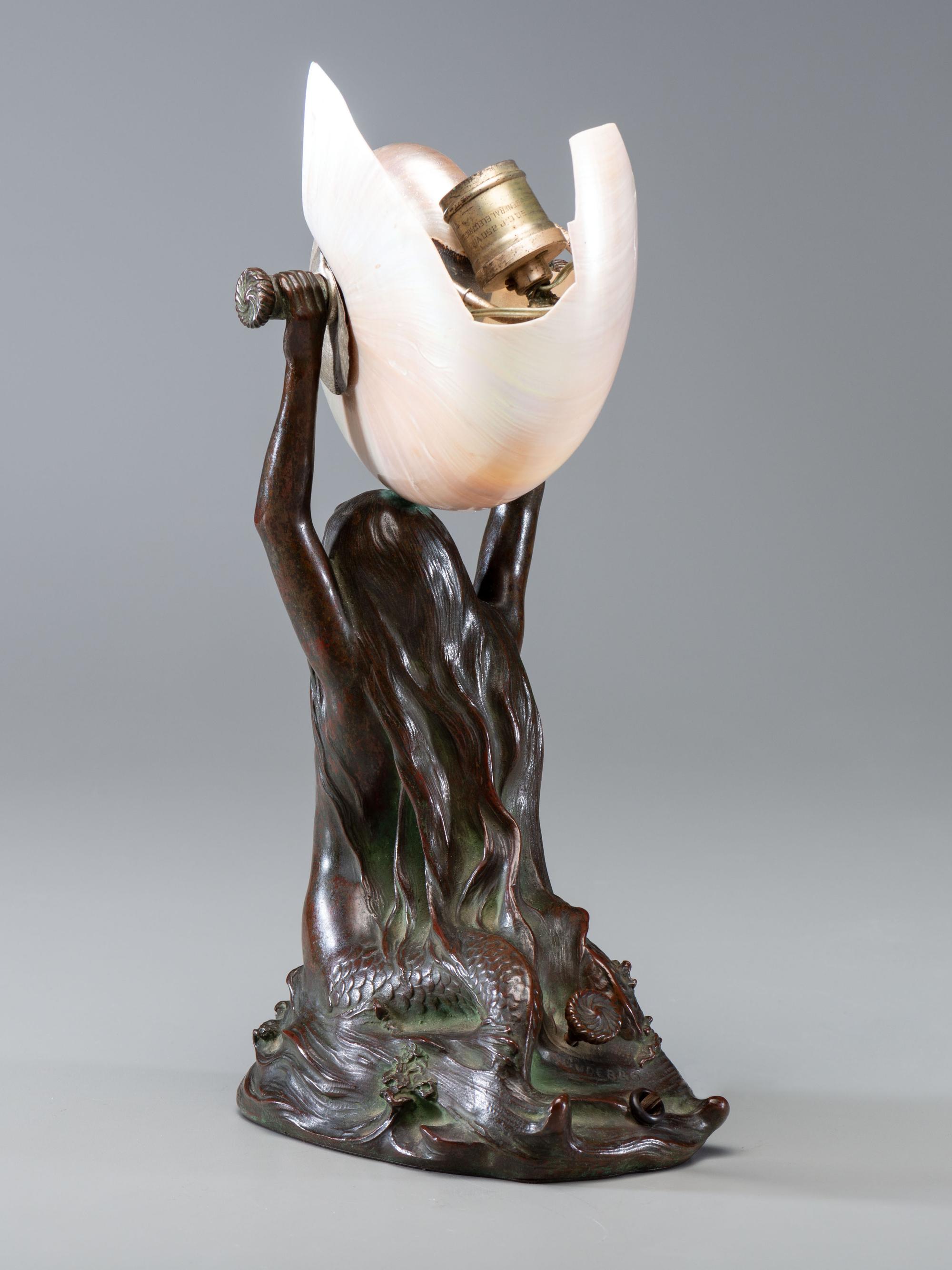 Nautilus Table Lamp, c. 1905 with a Mermaid base cast from a model by Louis Gudebrod