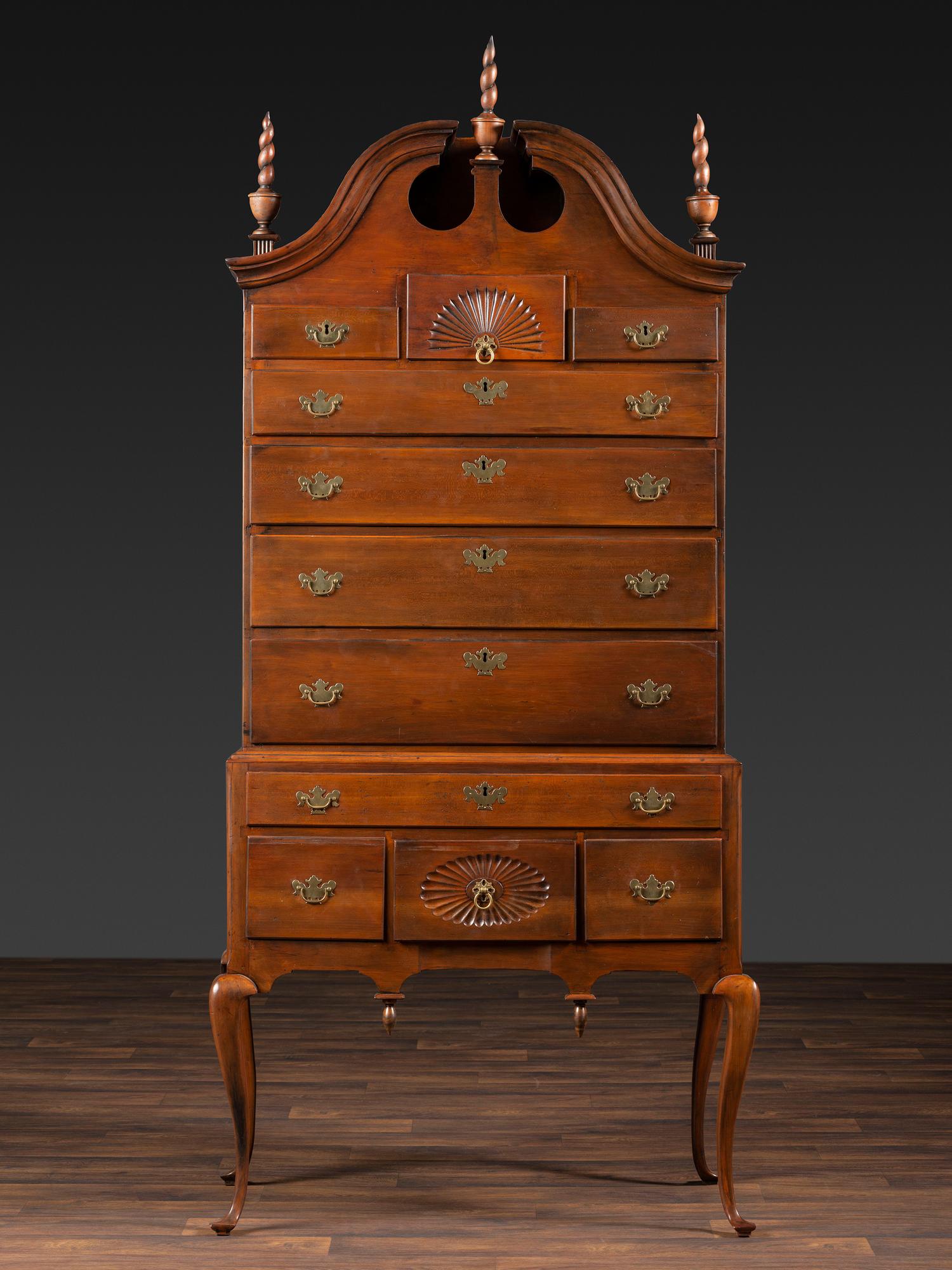 A Queen Anne Fan-Carved Cherrywood Bonnet Top High Chest