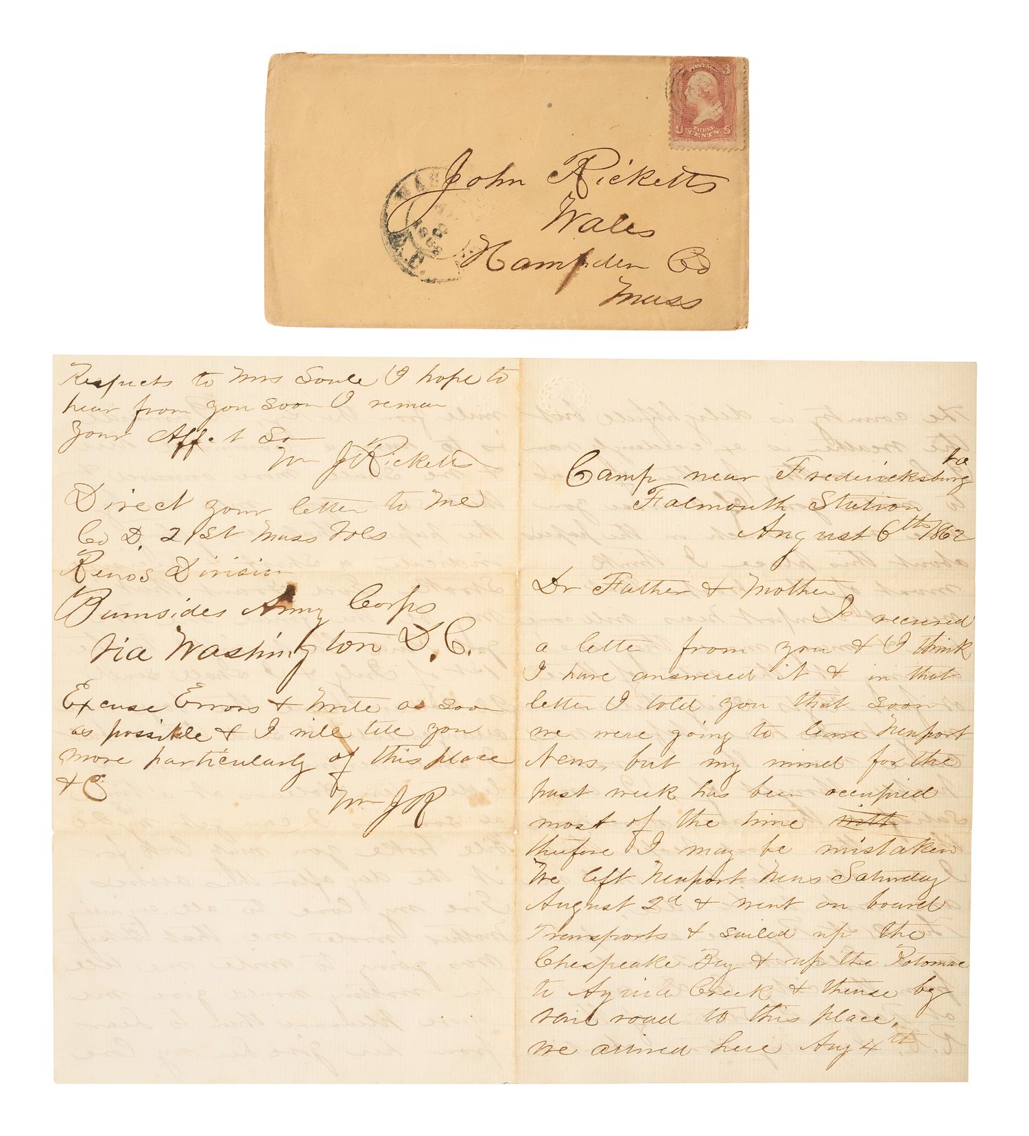 A group of items identified to Corporal William J. Ricketts, Company D, 21st Massachusetts Infantry, WIA Fredericksburg and Bethesda Church, VA, incl. bullet-struck haversack, utensils, and mucket.
