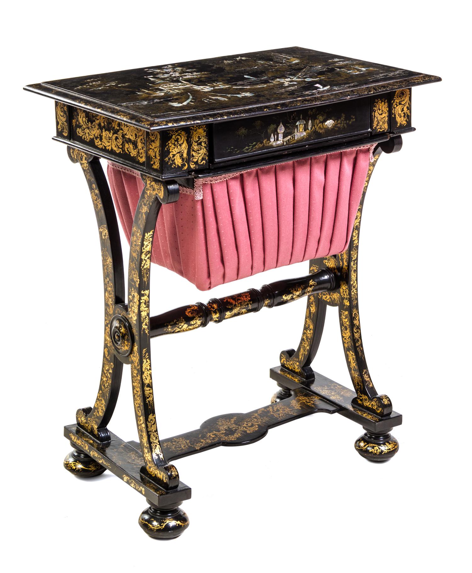 A Victorian Lacquered Sewing Table Height 27 x width 21 1/2 x depth 25 1/2 inches. — 19TH CENTURY