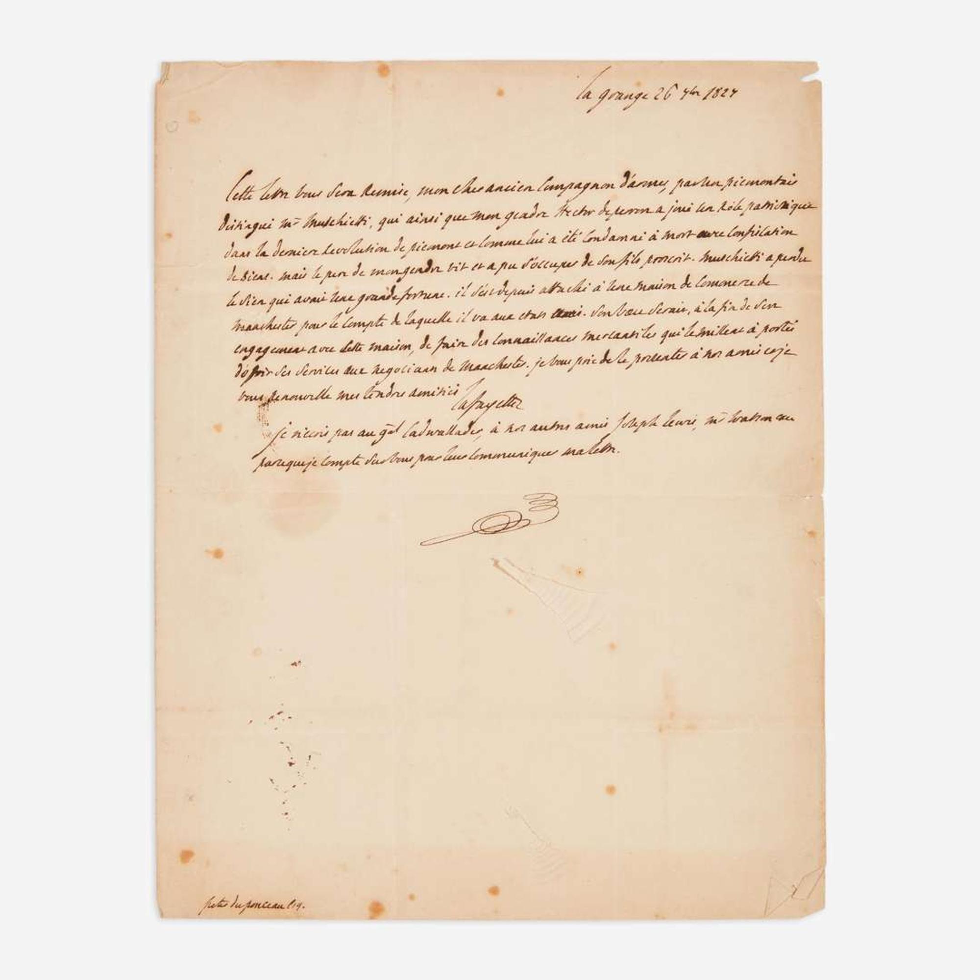 [Americana] Lafayette, Marquis de Autograph Letter, signed
