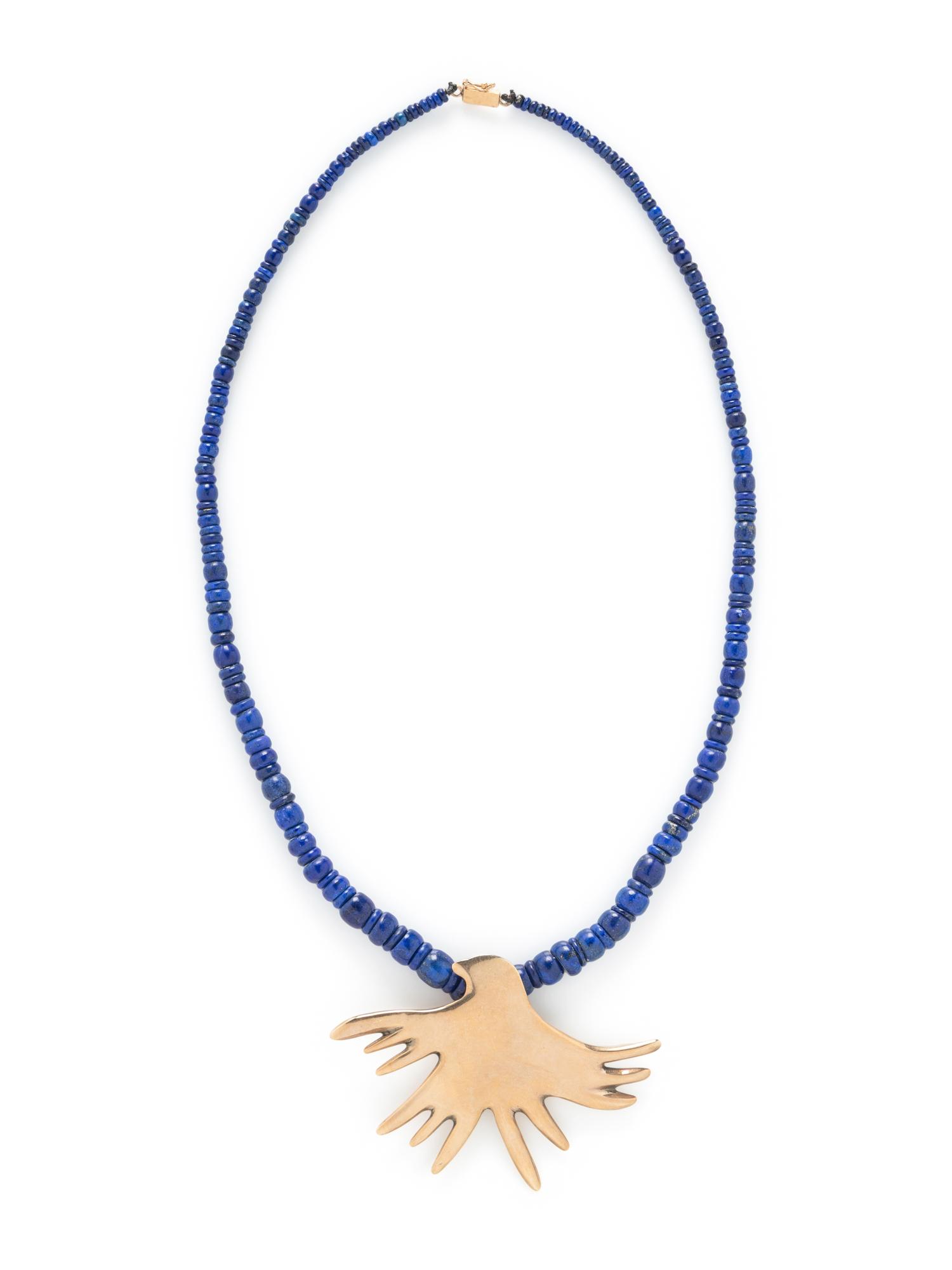 YELLOW GOLD THUNDERBIRD AND LAPIS LAZULI BEAD NECKLACE