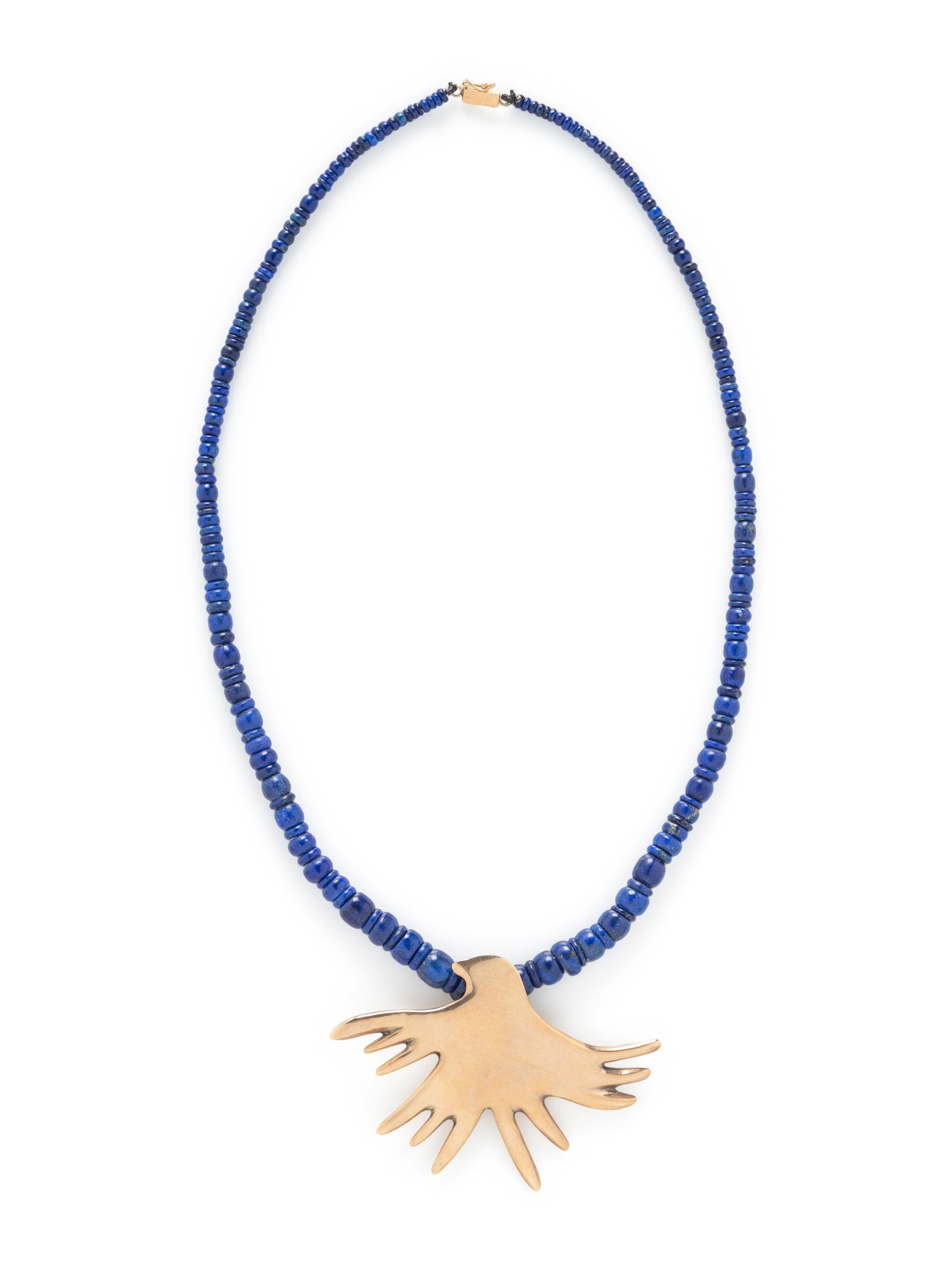 YELLOW GOLD THUNDERBIRD AND LAPIS LAZULI BEAD NECKLACE