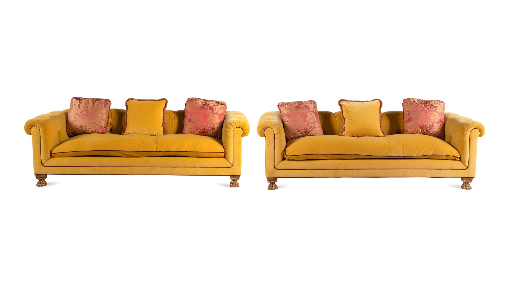 A Pair of Custom Velvet Upholstered Chesterfield Sofas