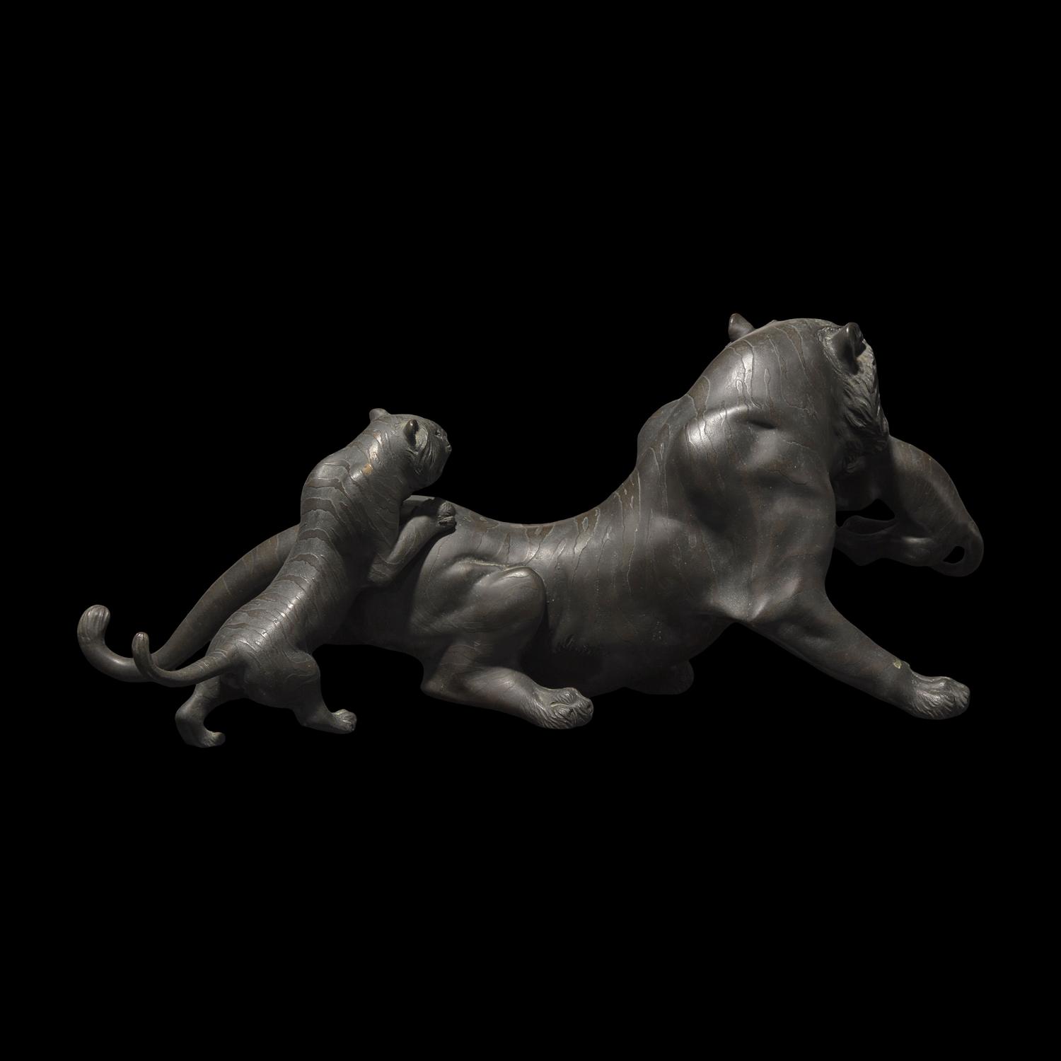 A Japanese Patinated Bronze 'Tigress and Cubs' Okimono, Meiji/Taisho Period