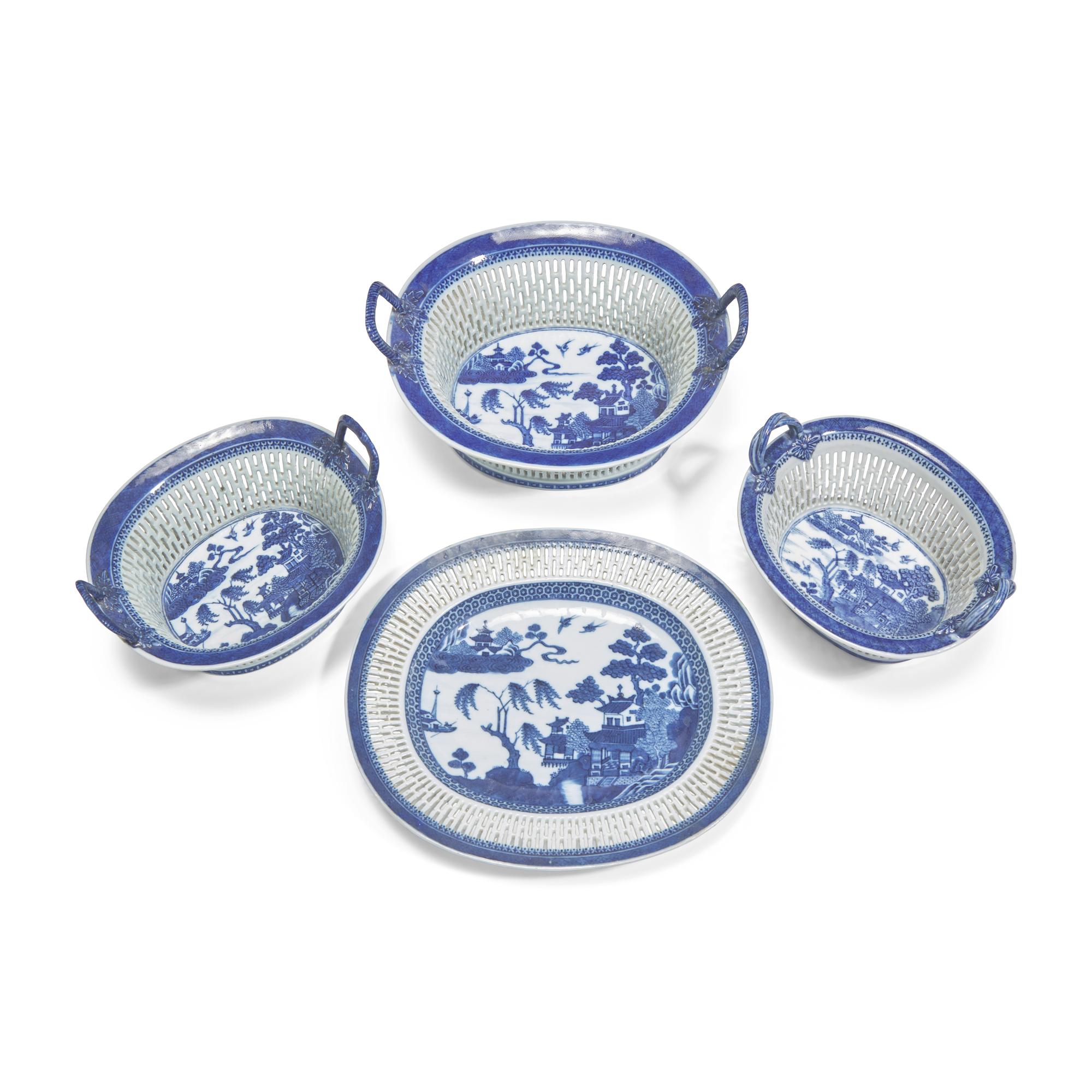 Three Chinese Export Porcelain Blue Fitzhugh Reticulated Chestnut Baskets and an Undertray