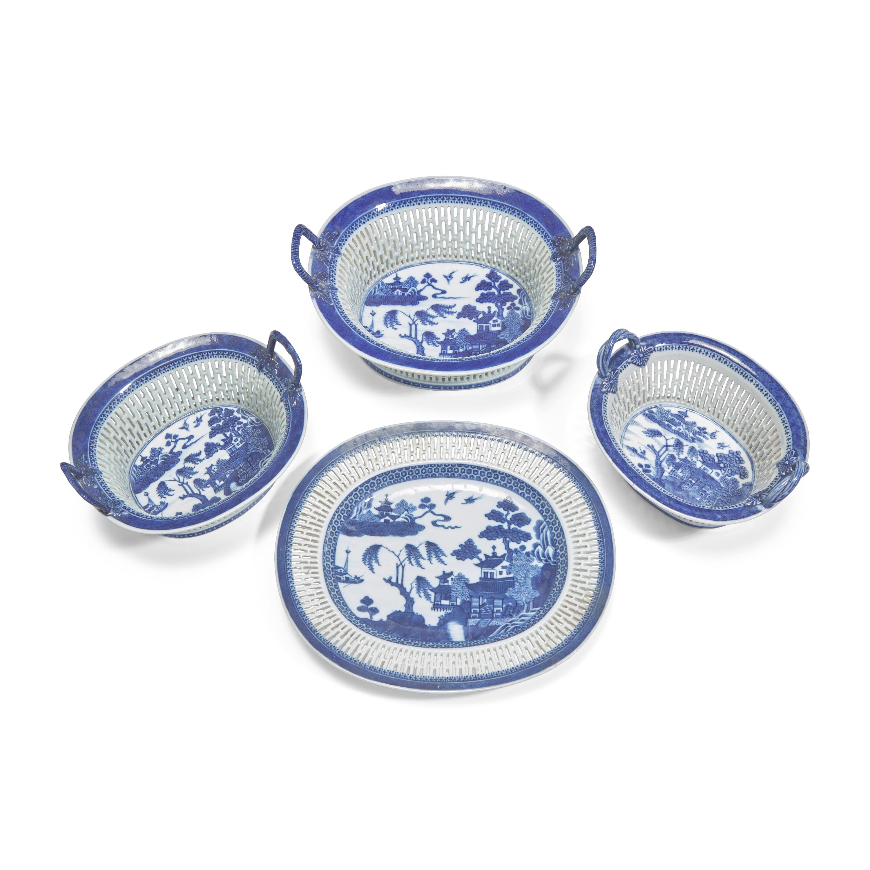 Three Chinese Export Porcelain Blue Fitzhugh Reticulated Chestnut Baskets and an Undertray