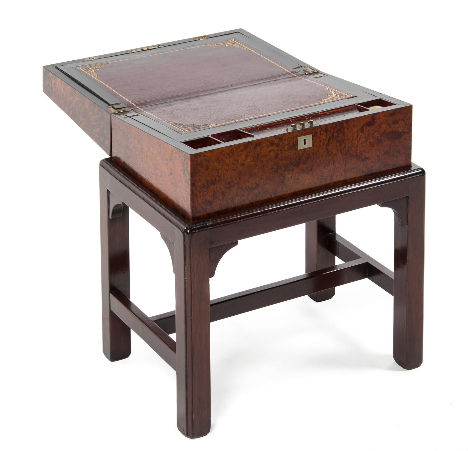 A George IV Mother-of-Pearl Inlaid Burl Walnut and Rosewood Lap Desk, Height 21 x width 17 1/2 x depth 12 1/2 inches.