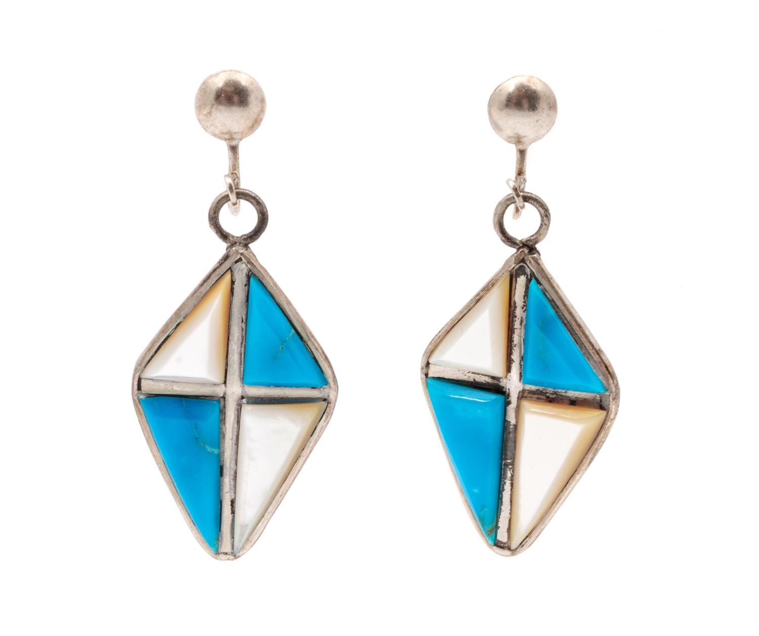 Zuni Silver Necklace and Earring Set, with Turquoise and Shell Channel Inlay