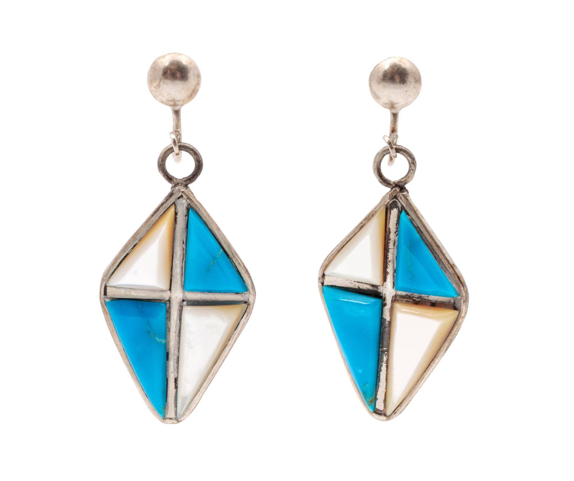 Zuni Silver Necklace and Earring Set, with Turquoise and Shell Channel Inlay
