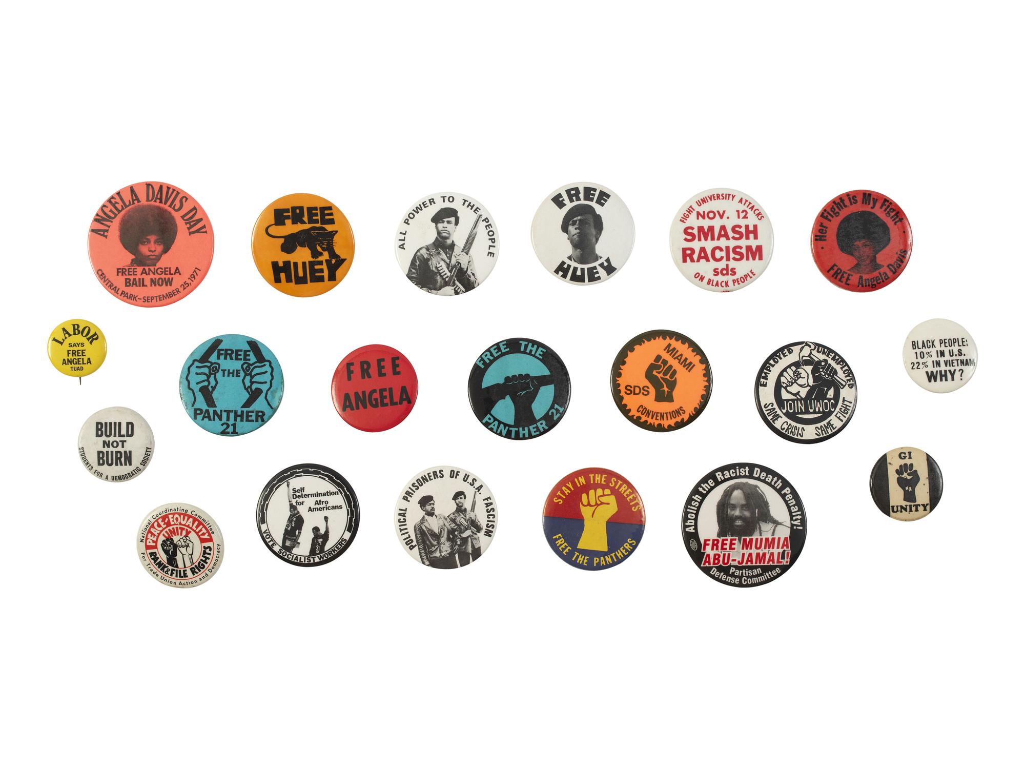 [BLACK PANTHER PARTY]. A group of 20 pinback buttons related to the Black Panther Party, Huey Newton, Angela Davis, anti-Vietnam sentiments, and other movements.