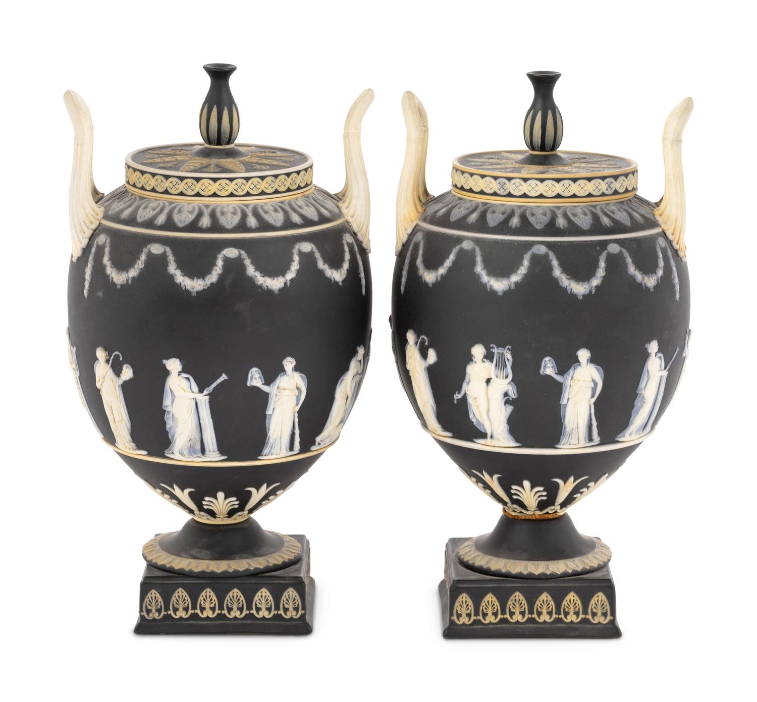 A Pair of Wedgwood Jasperware Lidded Urns