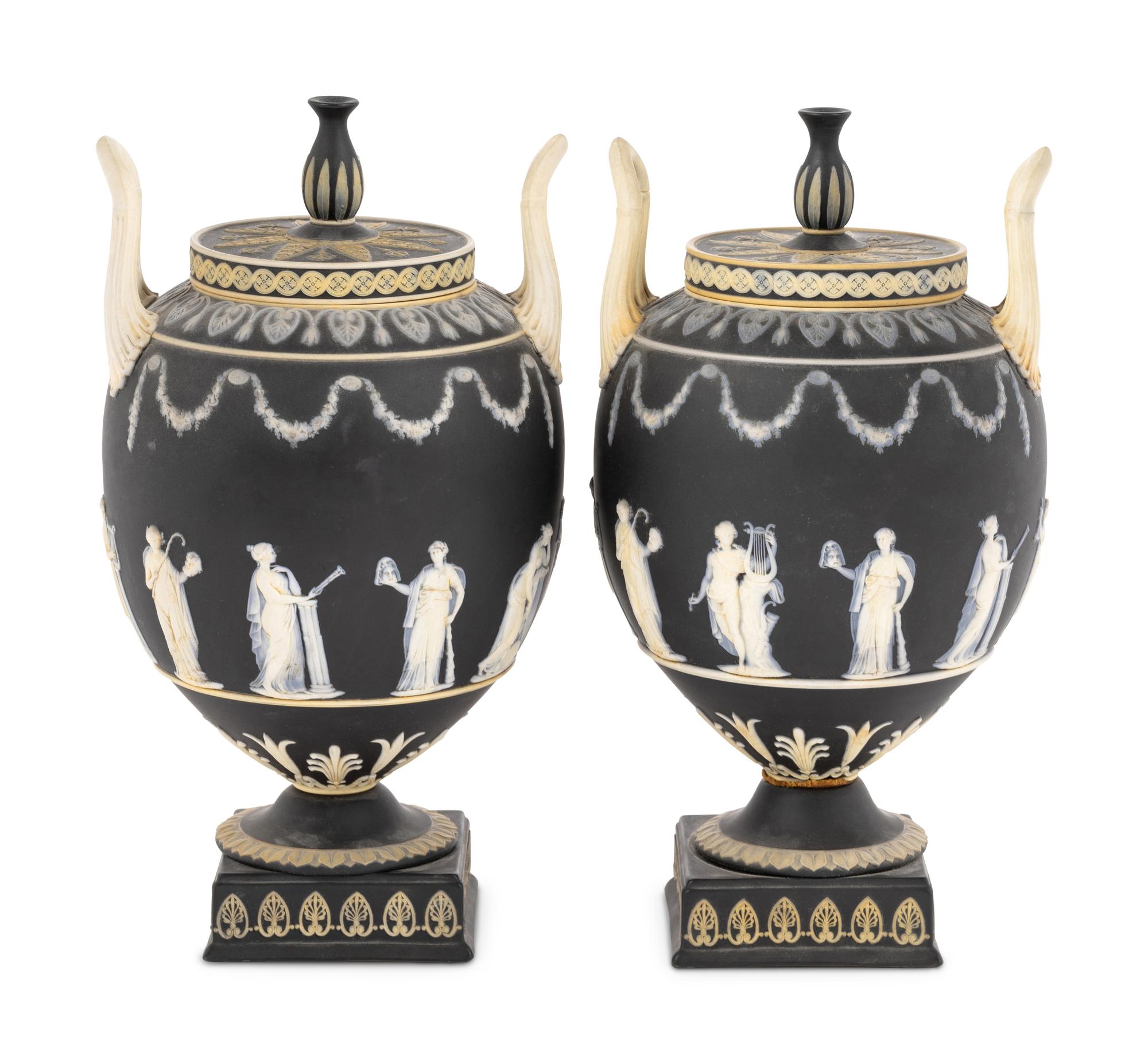 A Pair of Wedgwood Jasperware Lidded Urns