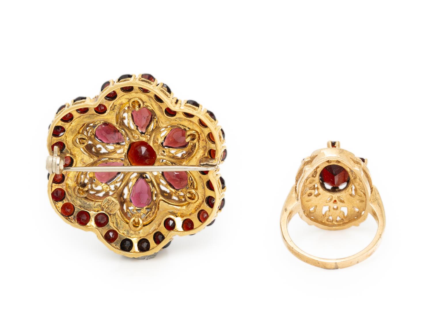 GARNET, ENAMEL, AND YELLOW GOLD BROOCH AND RING