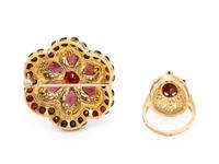 GARNET, ENAMEL, AND YELLOW GOLD BROOCH AND RING