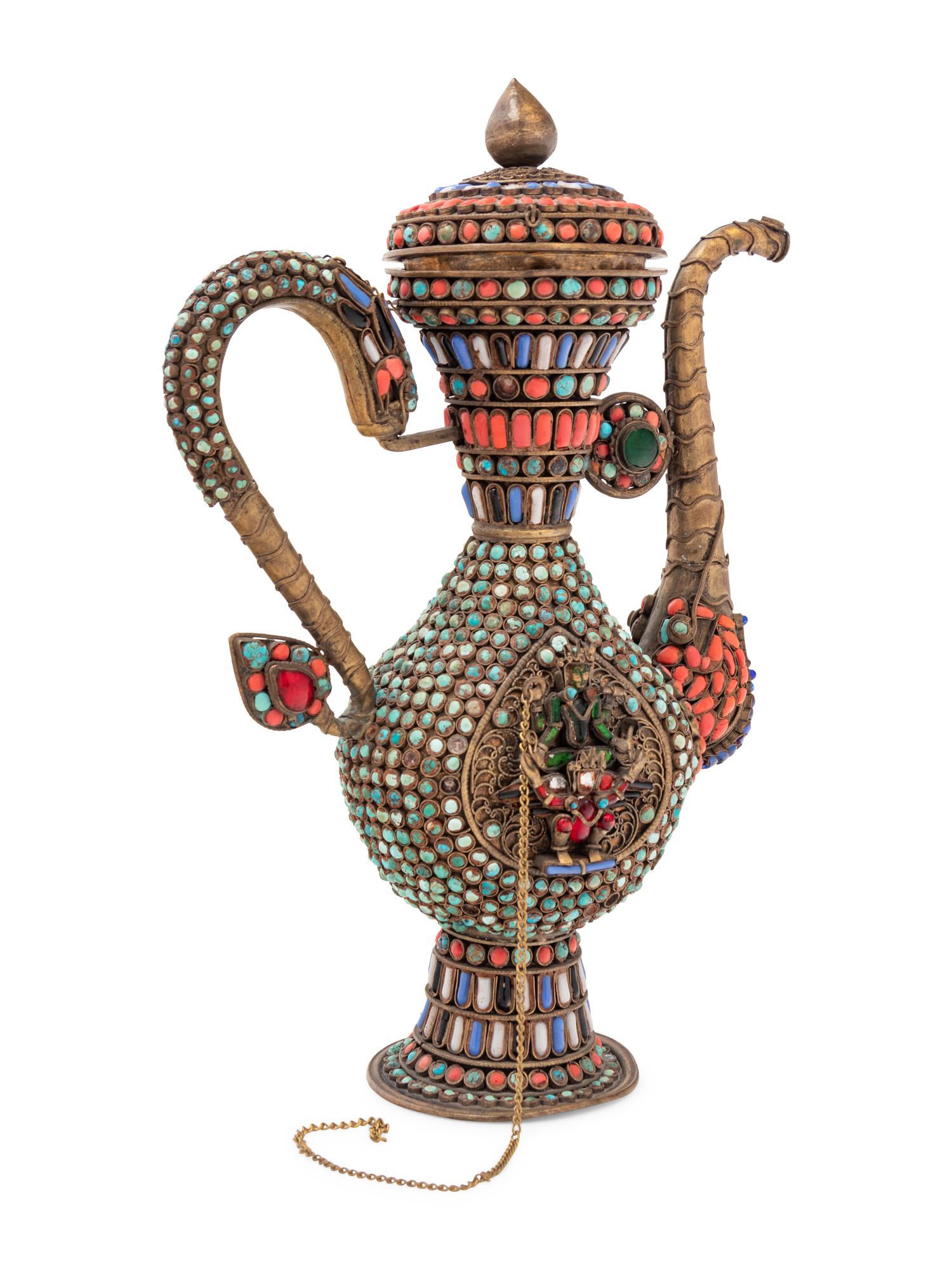 A Middle Eastern Coral, Turquoise and Gemstone-Set Copper Ewer