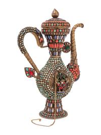 A Middle Eastern Coral, Turquoise and Gemstone-Set Copper Ewer