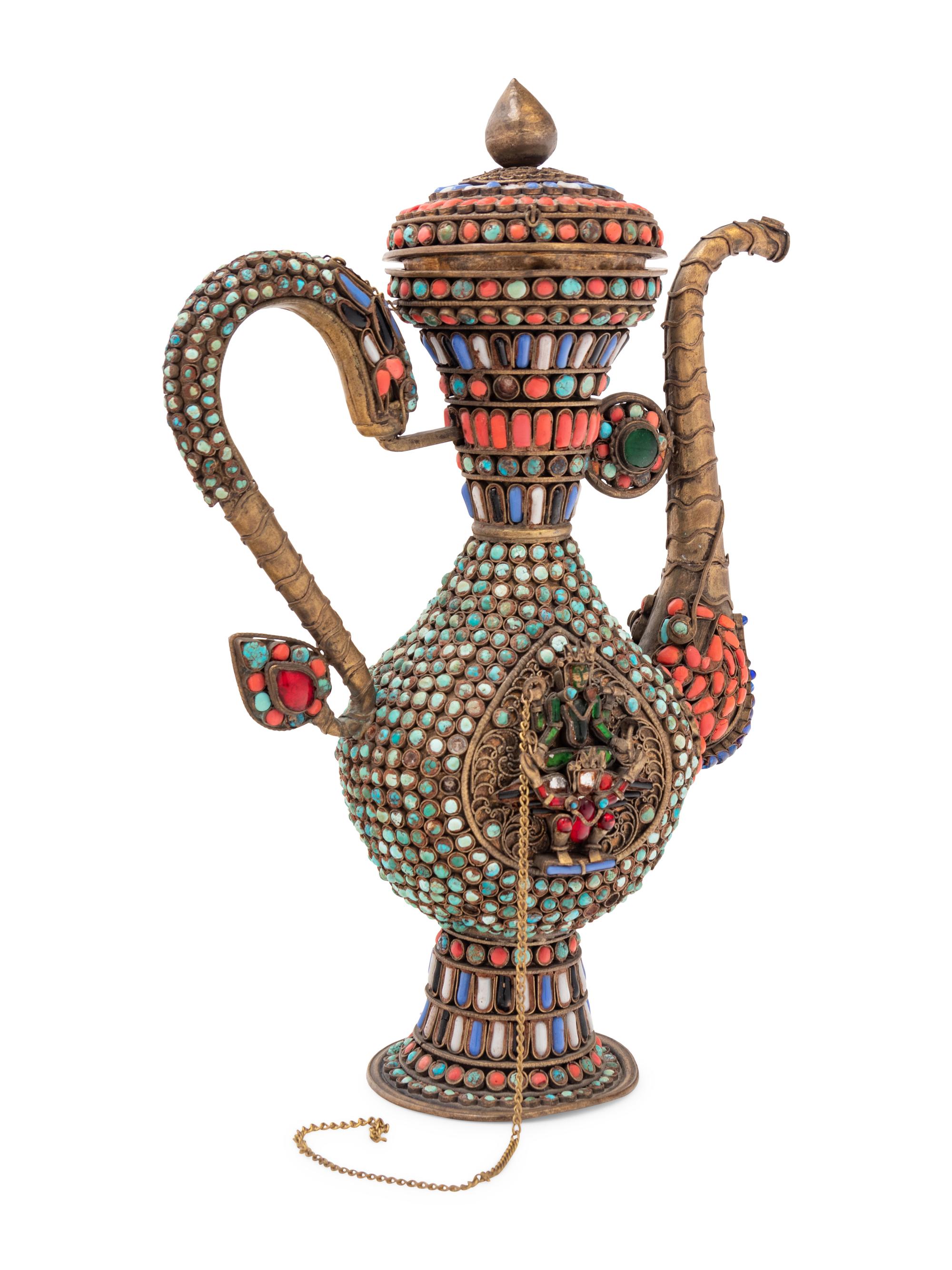 A Middle Eastern Coral, Turquoise and Gemstone-Set Copper Ewer