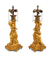 A Pair of French Gilt Bronze Figural Fluid Lamps Converted to Electricity