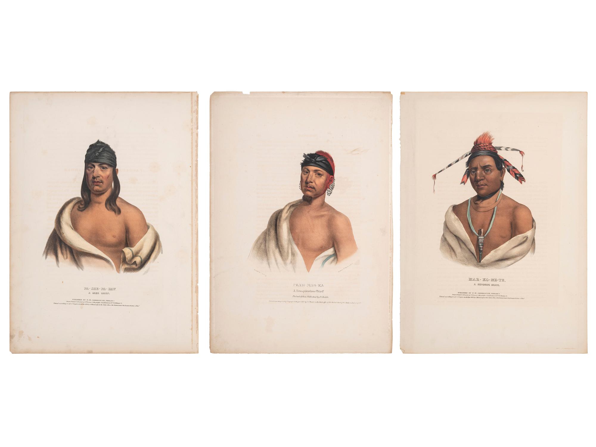 [McKENNEY & HALL]. A group of 3 large folio hand-colored lithographs of Fox & Sac and Menominee. 1836-1838.