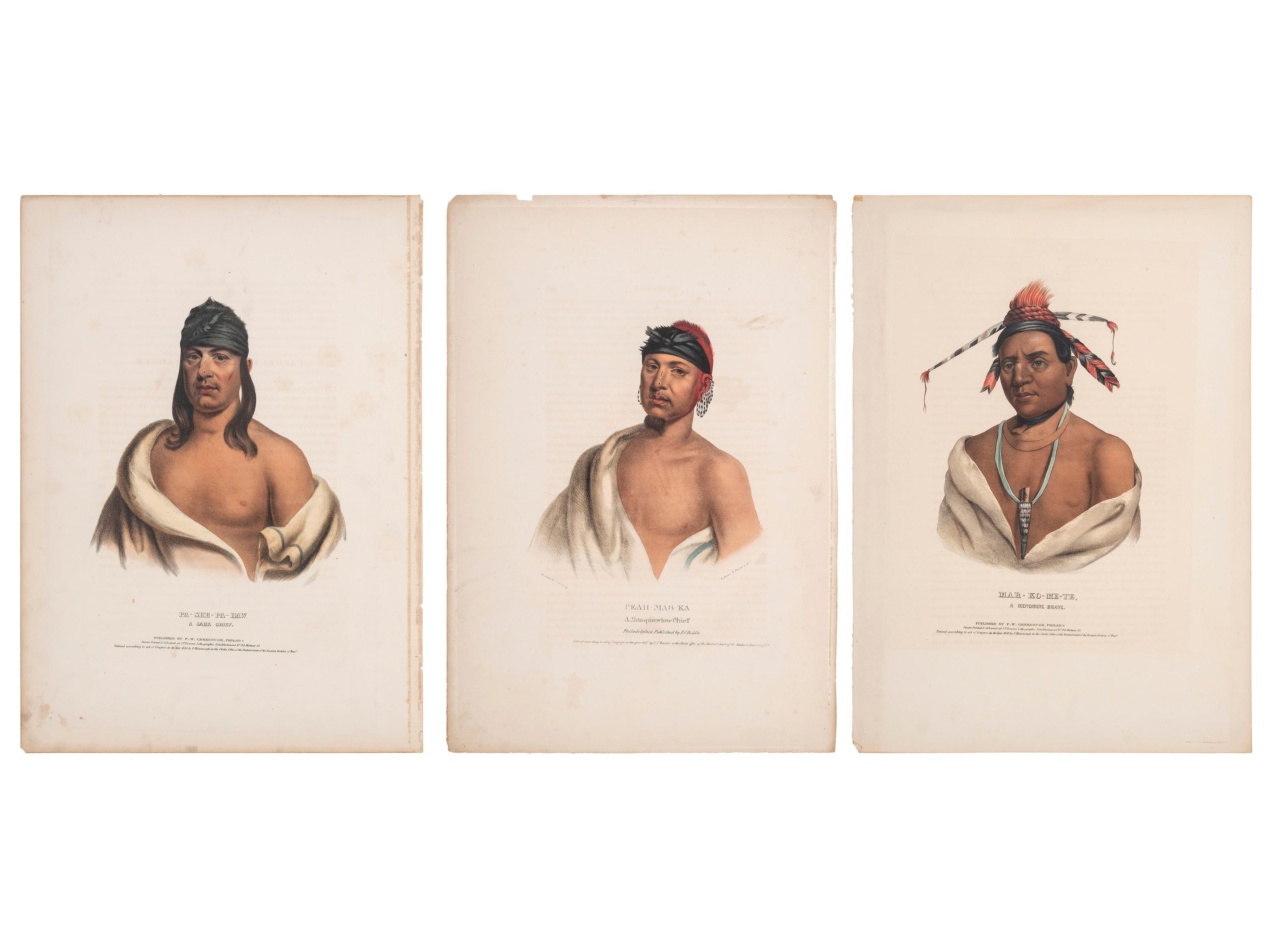 [McKENNEY & HALL]. A group of 3 large folio hand-colored lithographs of Fox & Sac and Menominee. 1836-1838.