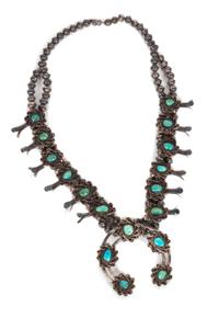 Southwestern Turquoise Squash Blossom Necklace length 24 inches