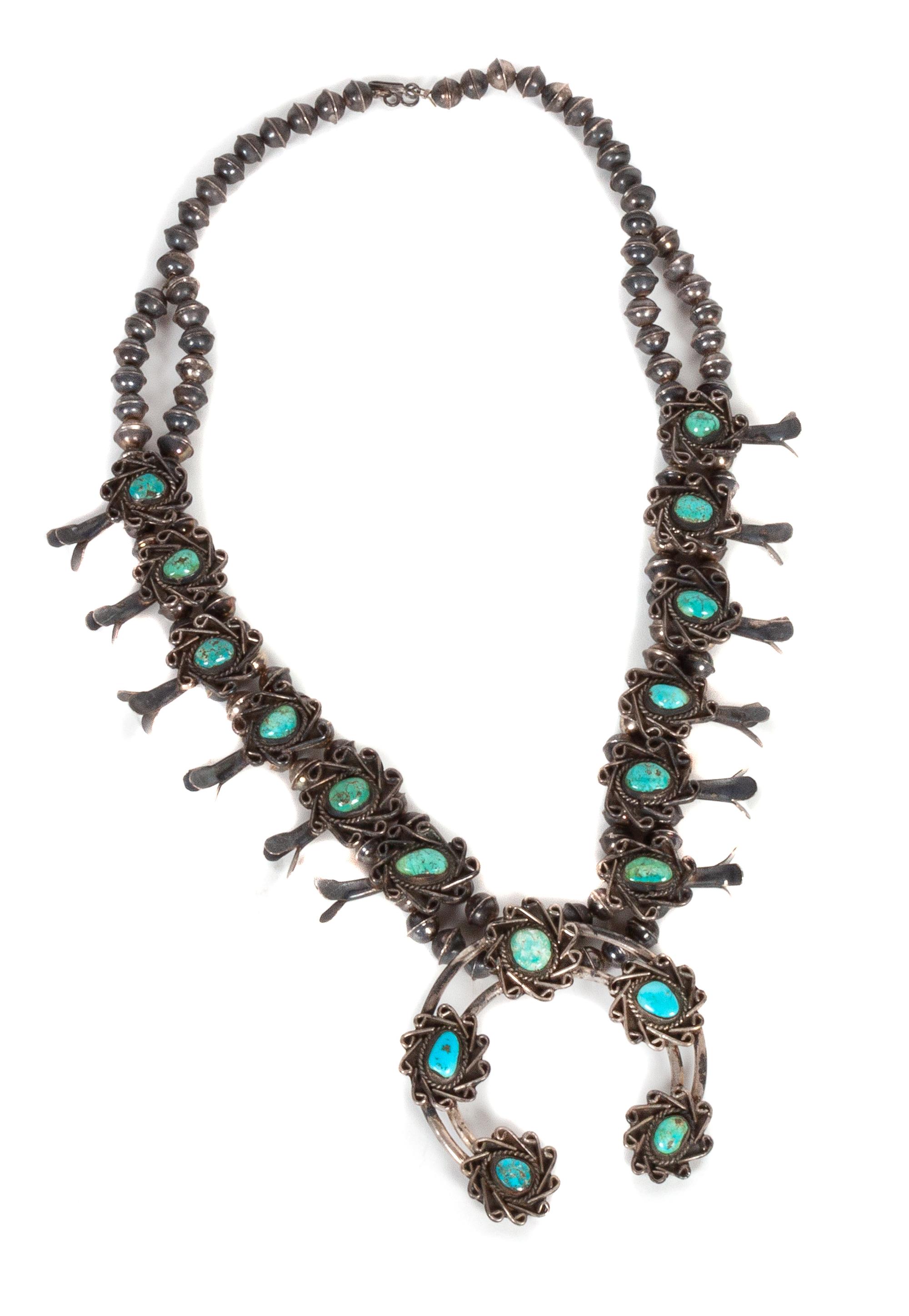 Southwestern Turquoise Squash Blossom Necklace length 24 inches