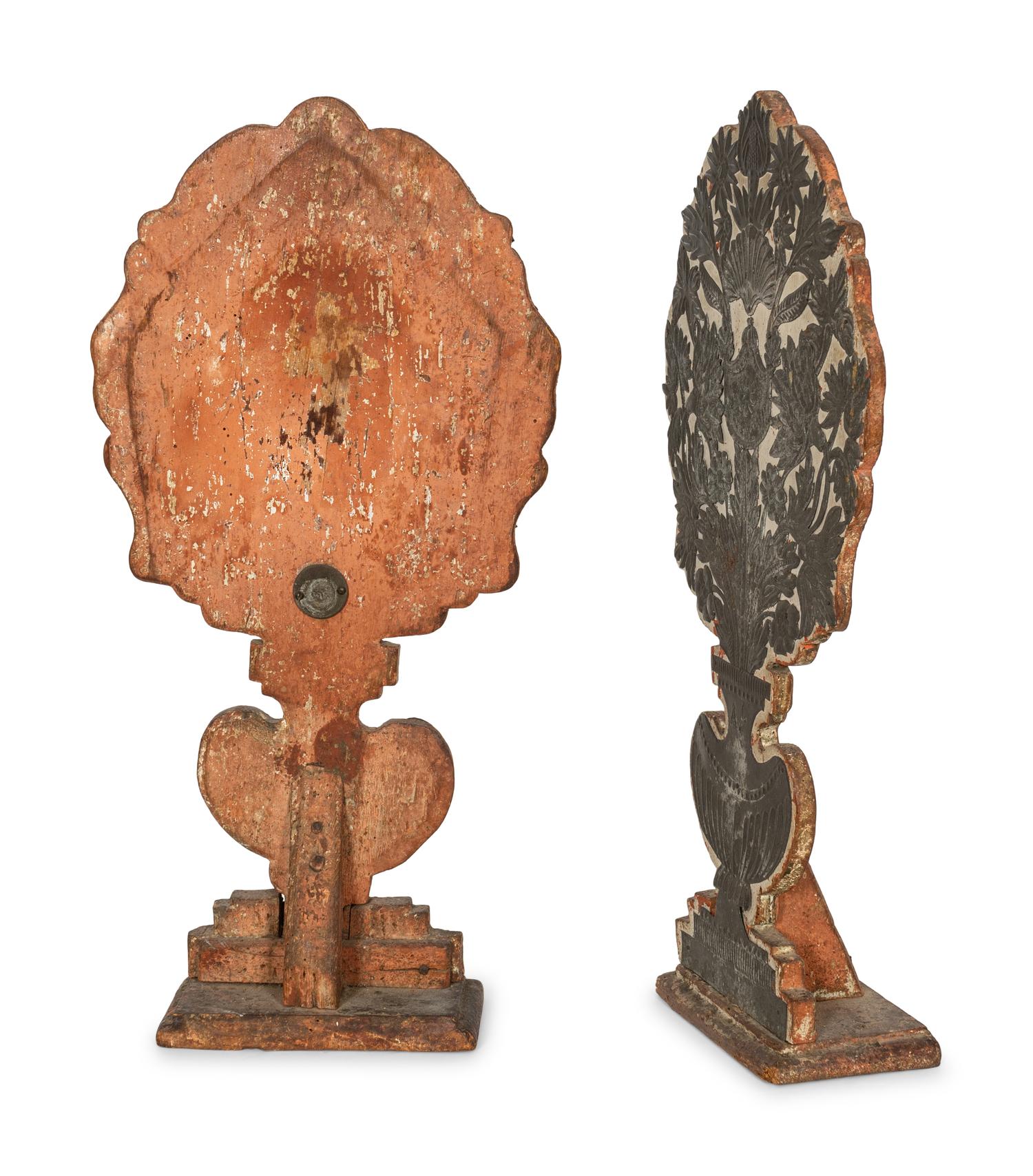 A Pair of Continental Pine and Pierced Metal Cache Pot-Form Chimney Boards