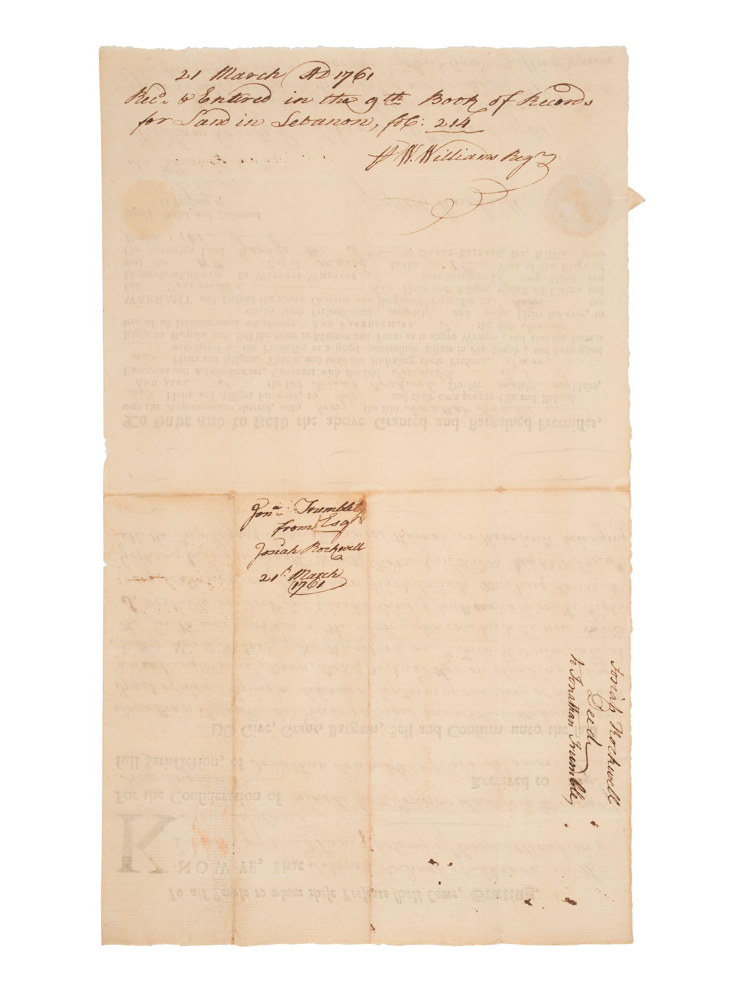 [REV WAR] -- [DEC OF INDEPENDENCE]. Document signed by Jonathan TRUMBLE Jr. and William WILLIAMS.