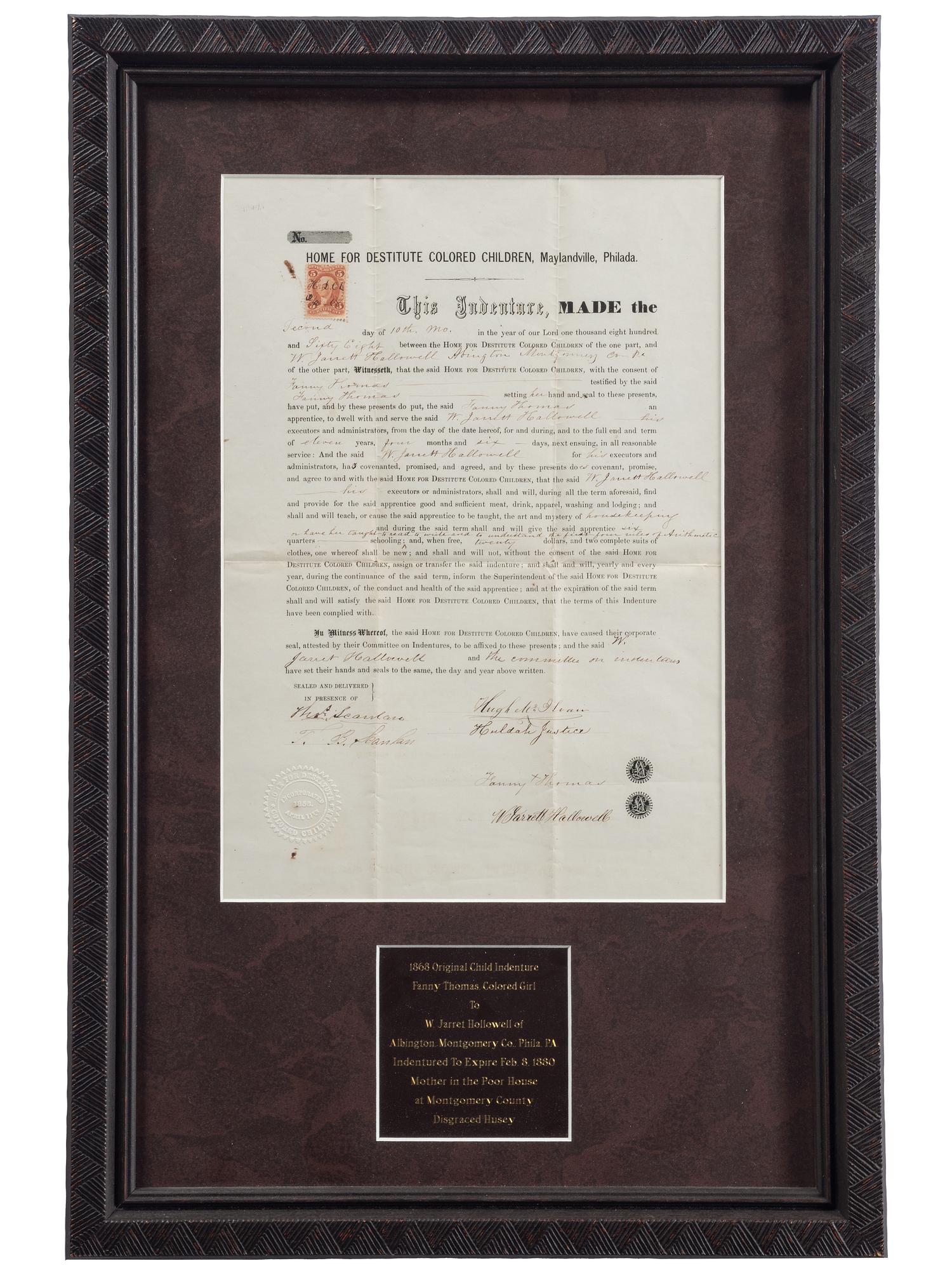 [SLAVERY & ABOLITION]. Home for Destitute Colored Children indenture document. Maylandville, Philadelphia, 2 October 1868.