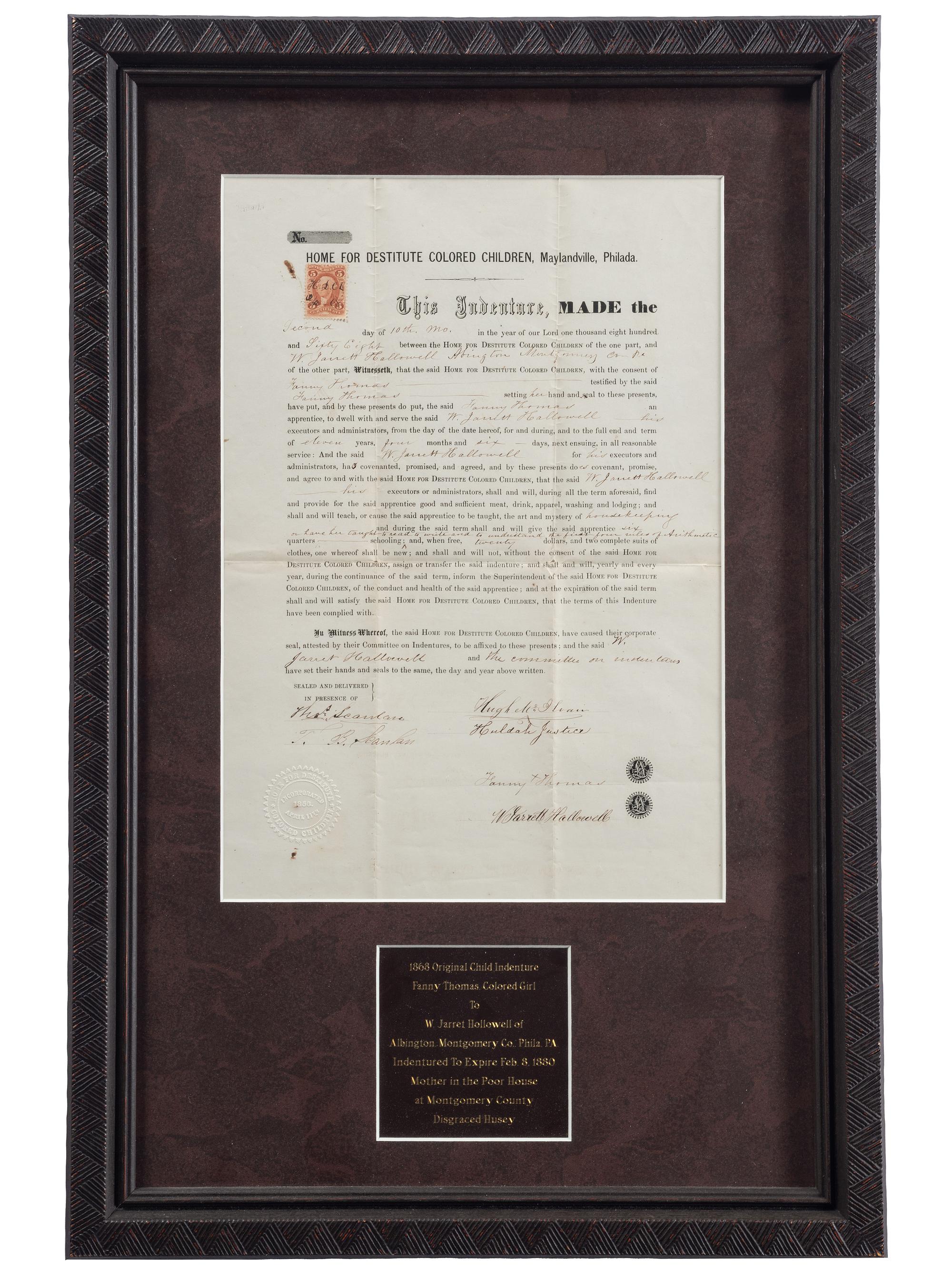 [SLAVERY & ABOLITION]. Home for Destitute Colored Children indenture document. Maylandville, Philadelphia, 2 October 1868.