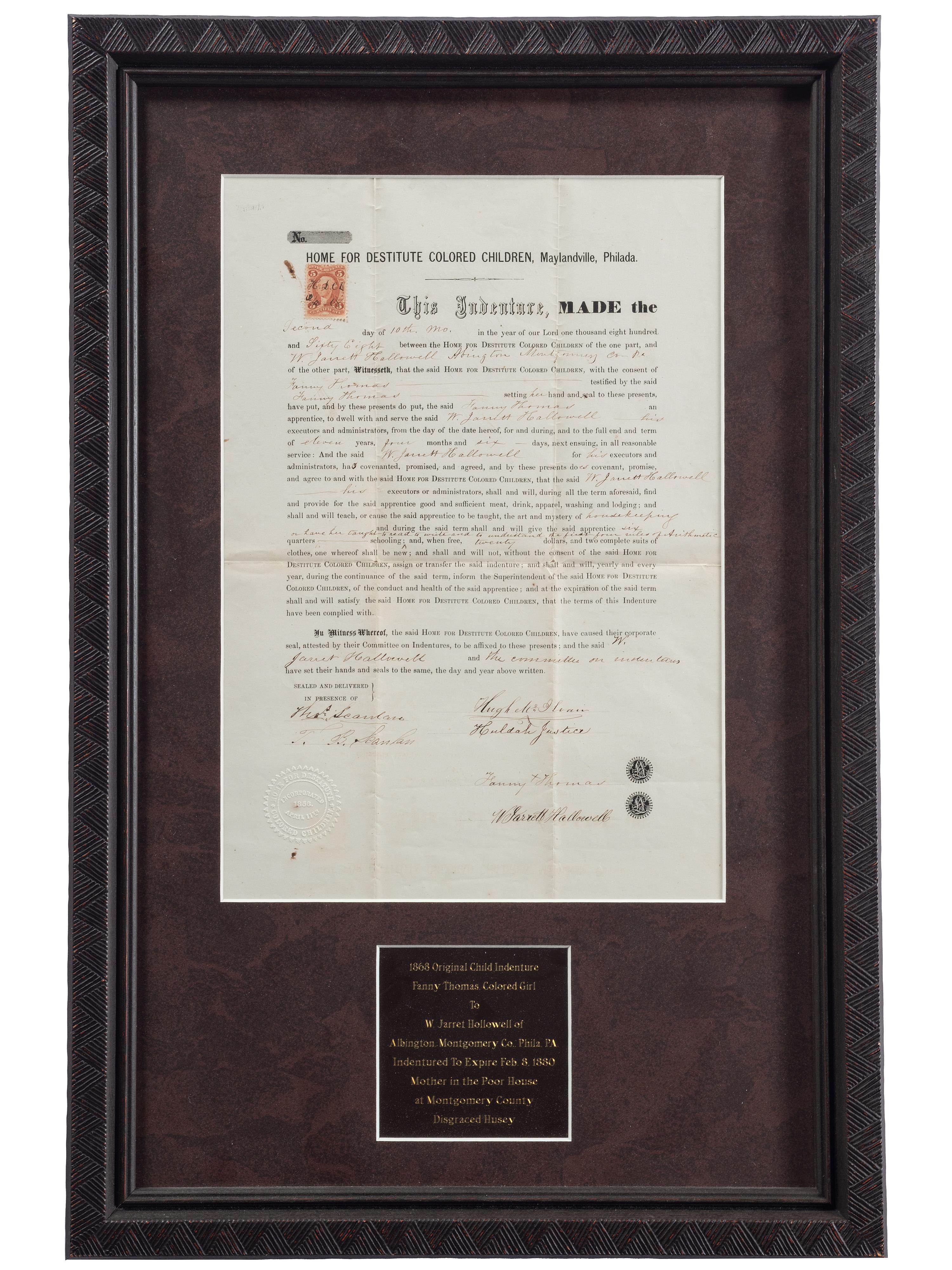 [SLAVERY & ABOLITION]. Home for Destitute Colored Children indenture document. Maylandville, Philadelphia, 2 October 1868.