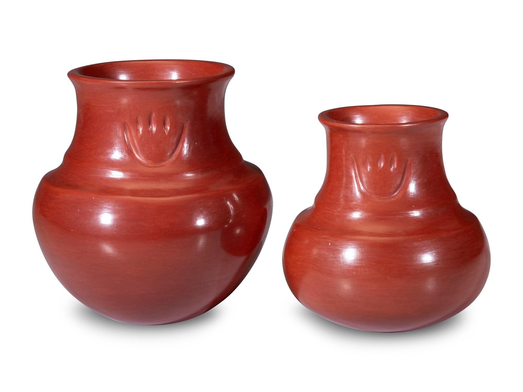 Pair of Redware Pottery Jars, with Bear Paws