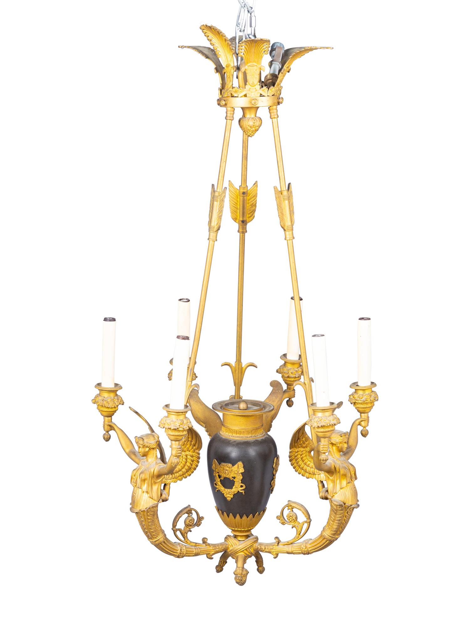 An Empire Style Gilt Bronze Figural Six-Light Chandelier
