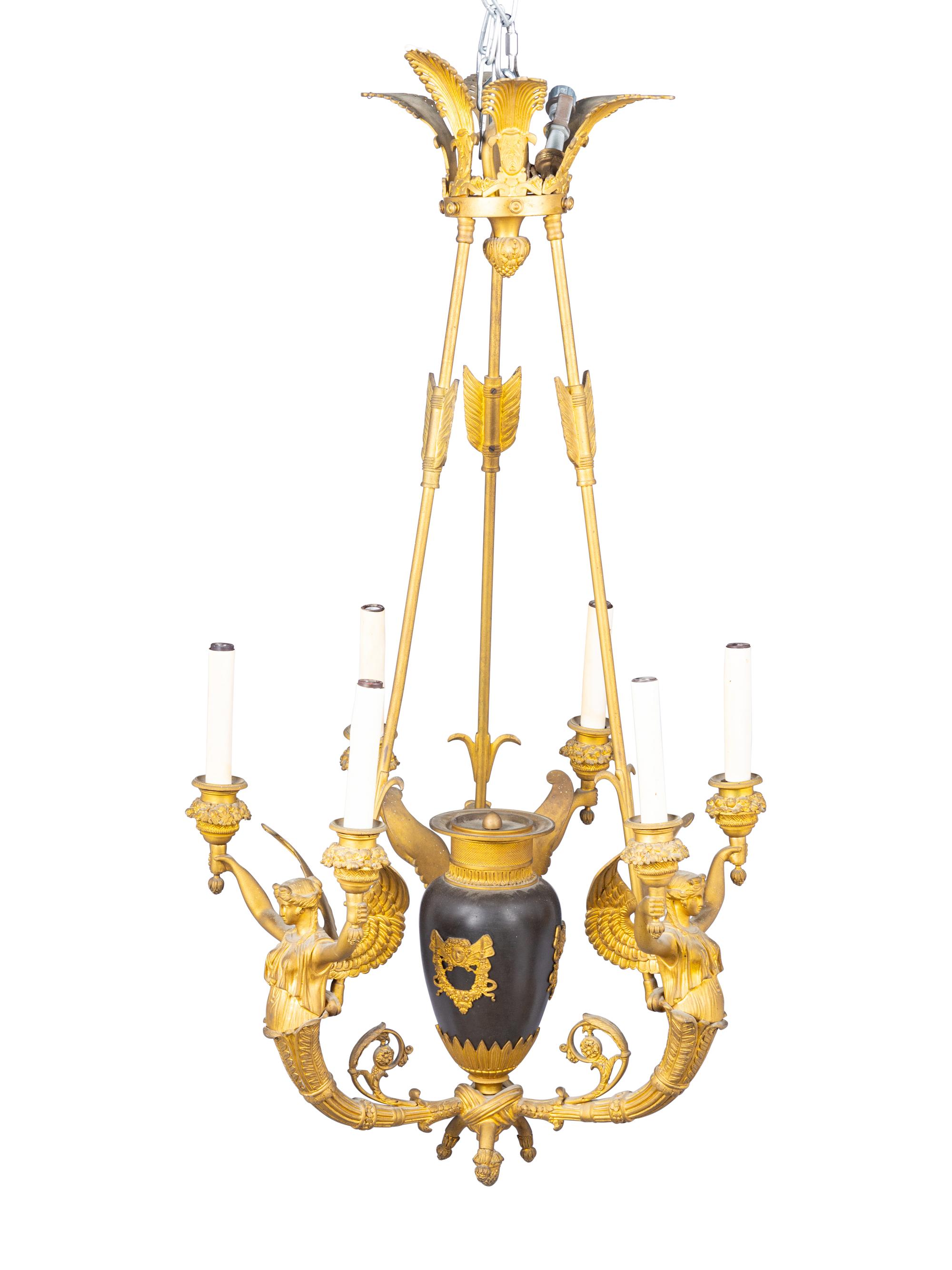 An Empire Style Gilt Bronze Figural Six-Light Chandelier