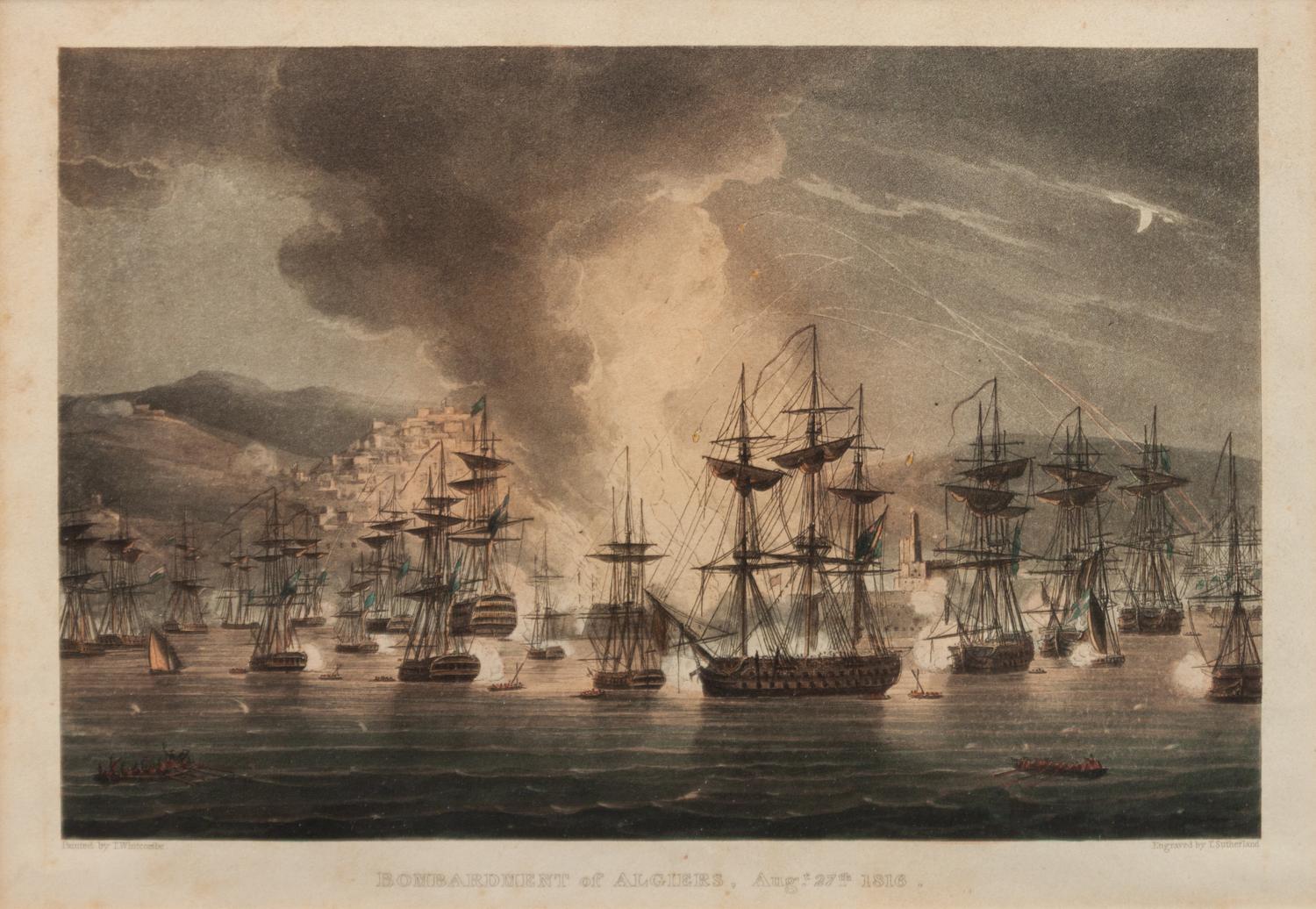 Three Nautical Color Engravings: Lord Howe in the Queen Charlotte, Bombardment of Algiers and Capture & Destruction of Four Spanish Frigates