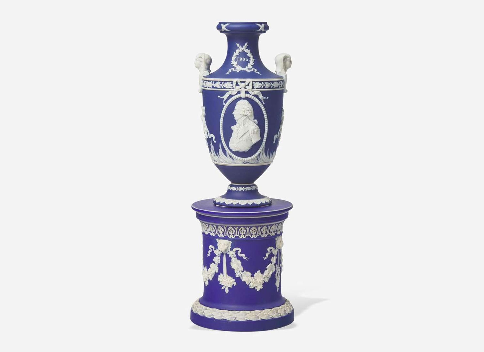A Wedgwood Blue Dip Jasperware Vase Commemorating Lord Nelson, UK, circa 1905
