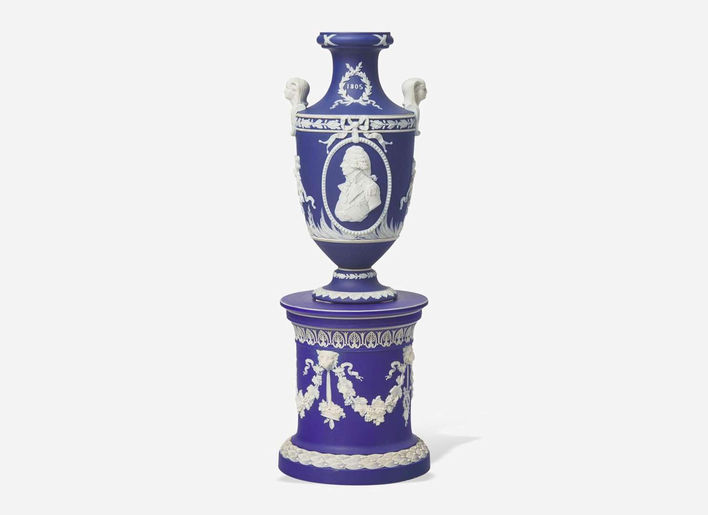 A Wedgwood Blue Dip Jasperware Vase Commemorating Lord Nelson, UK, circa 1905