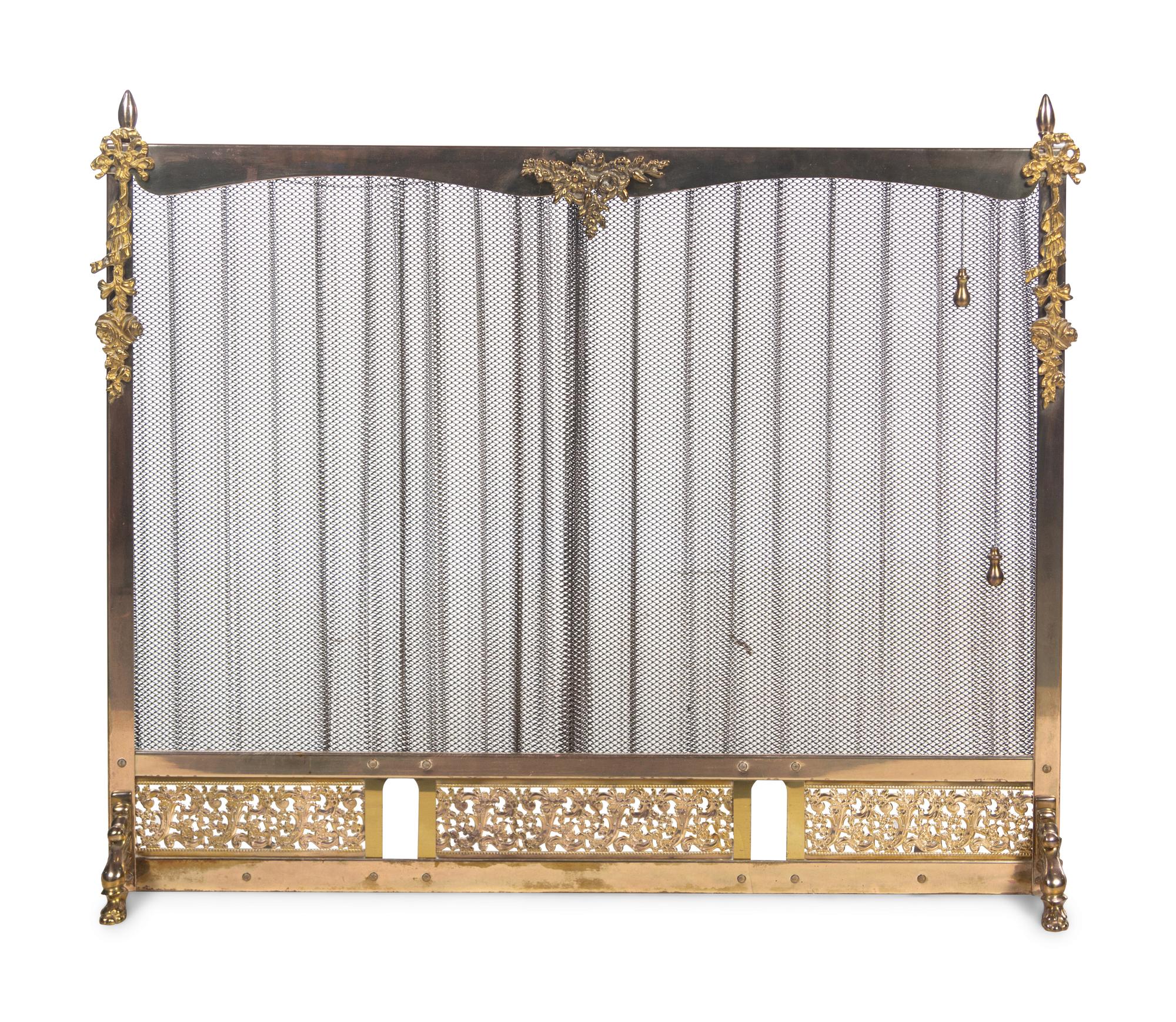 A Pair of Federal Style Brass Andirons with an Associated Fender and Screen