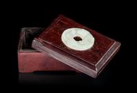 A Celadon Jade Inset Hardwood Box Length of box 4 1/2 inches.