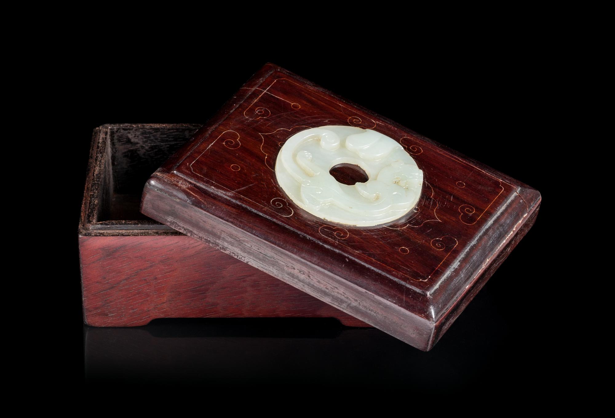 A Celadon Jade Inset Hardwood Box Length of box 4 1/2 inches.